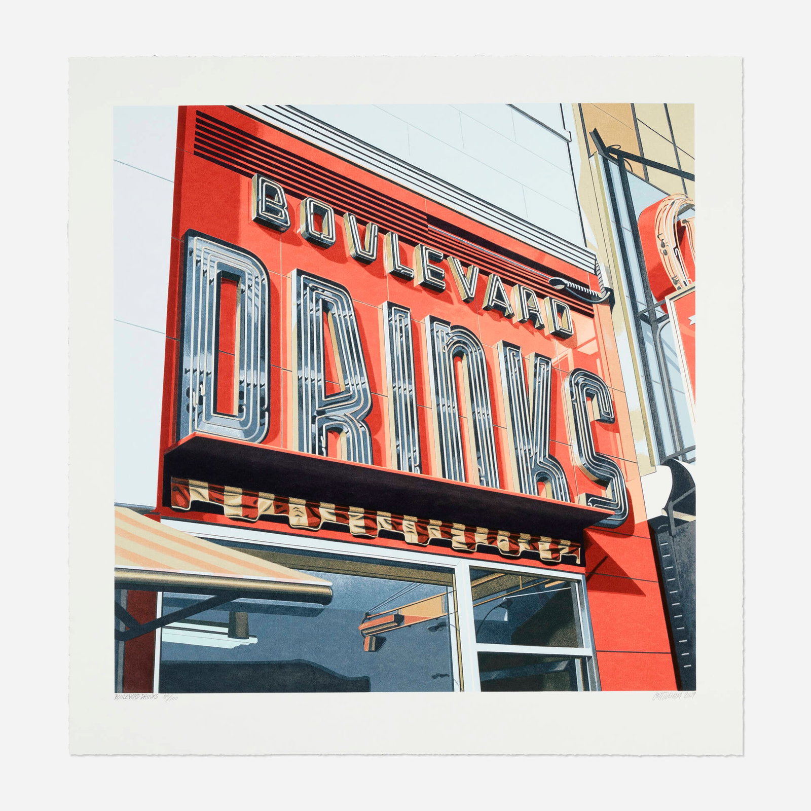 Robert Cottingham, Boulevard Drinks: Robert Cottingham Boulevard Drinks 2009 screenprint in colors image: 32 h x 32 w in (81 x 81 cm) sheet: 38 h x 37 w in (97 x 94 cm) Signed, titled, dated, and numbered to lower edge 'Boulevard