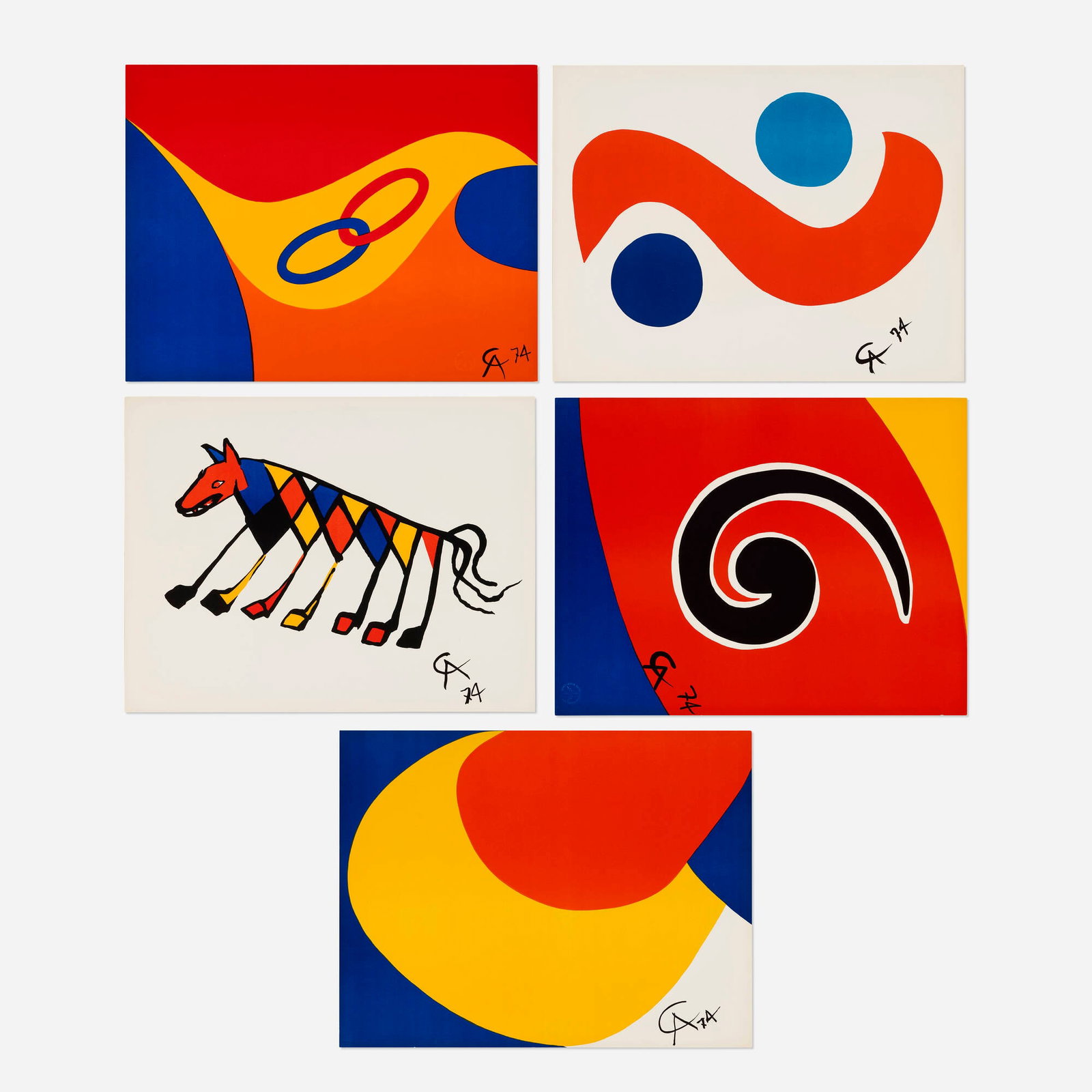 Alexander Calder, Five works from the Flying Colors portfolio: Alexander Calder Five works from the Flying Colors portfolio 1974 screenprint in colors 20 h x 25.875 w in (51 x 66 cm) 25.875 h x 20 w in (66 x 51 cm) The present lot includes Skybird, Sky Swirl,
