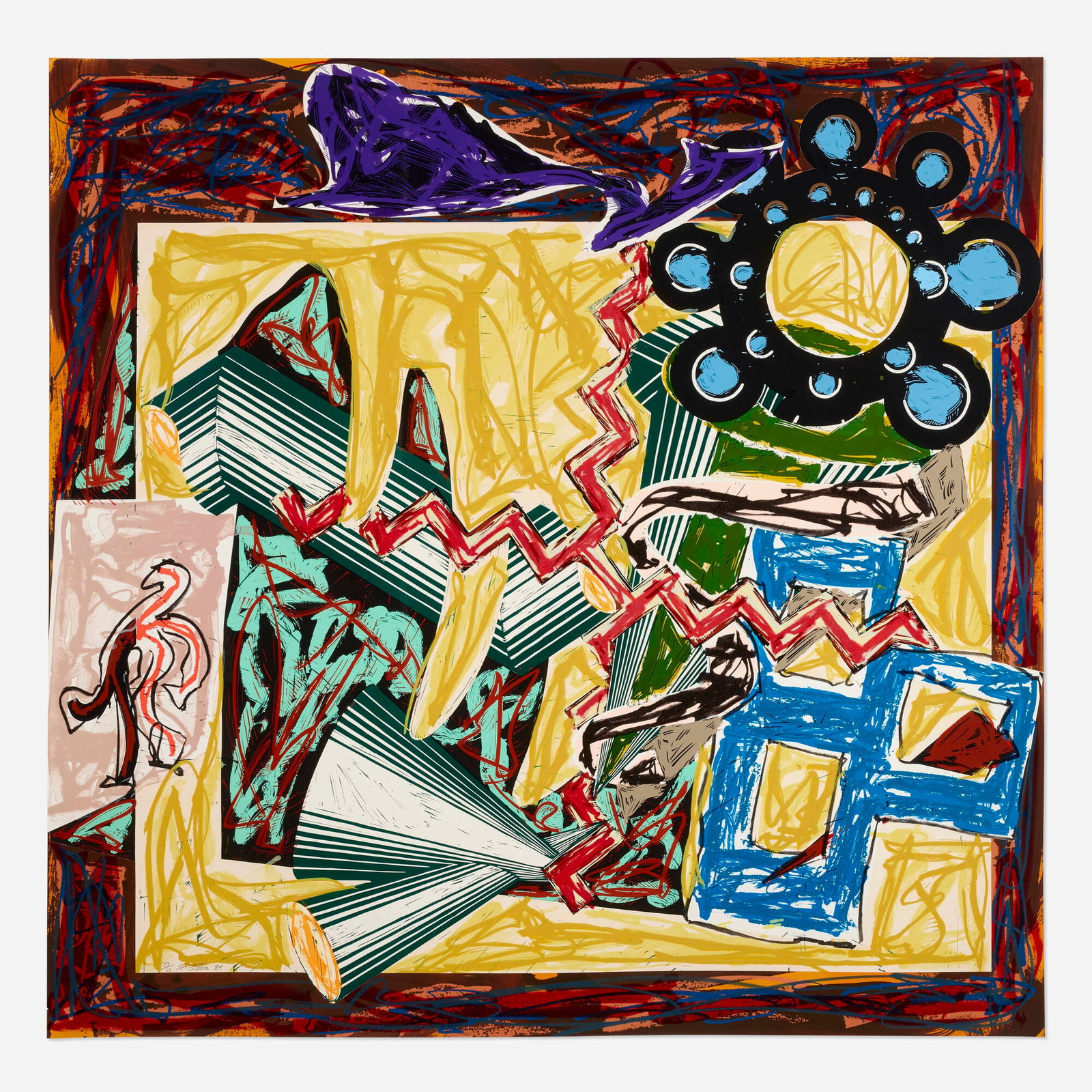 Frank Stella, Then Came a Fire and Burnt the Stick: Frank Stella Then Came a Fire and Burnt the Stick (from the Illustrations after El Lissitzky's Had Gadya portfolio) 1984 lithograph, linocut and screenprint in colors with collage and hand-coloring on