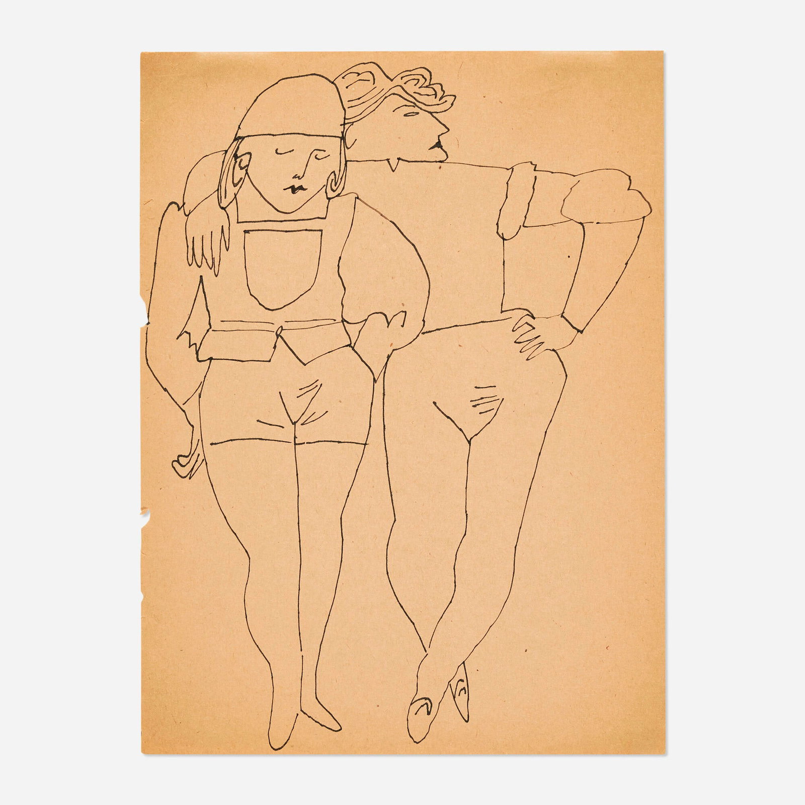 Andy Warhol, Two Standing Figures: Andy Warhol Two Standing Figures c.1955 ink on paper 12 h x 8.875 w in (30 x 23 cm) Estate of Andy Warhol and the Andy Warhol Foundation for the Visual Arts Authorization stamps to verso. Provenance:
