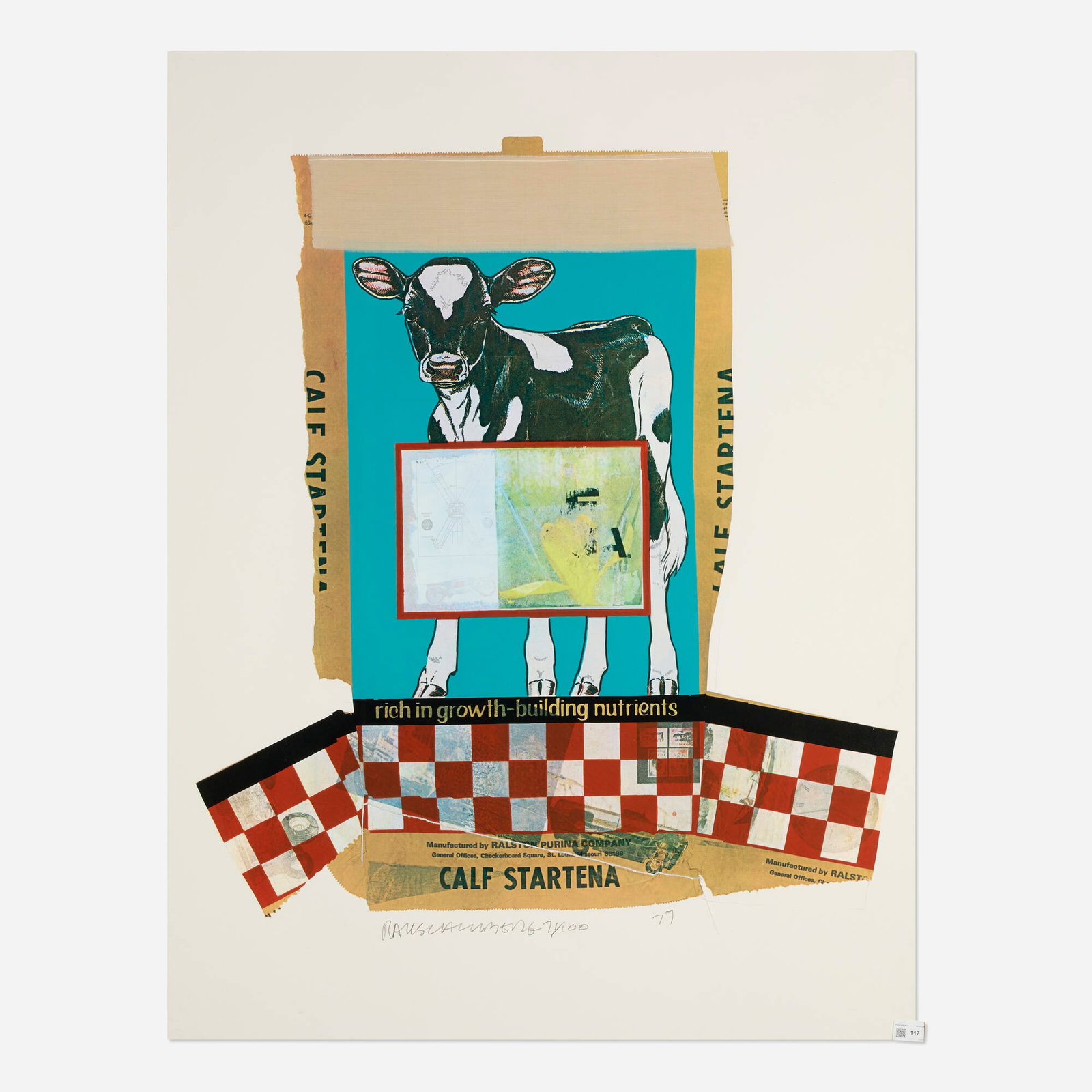 Robert Rauschenberg, Calf Startena (from the Chow Bags series): Robert Rauschenberg Calf Startena (from the Chow Bags series) 1977 screenprint in colors, graphite and fabric on paper with plastic thread image: 37.5 h x 34.125 w in (95 x 87 cm) sheet: 48 h x 36.5