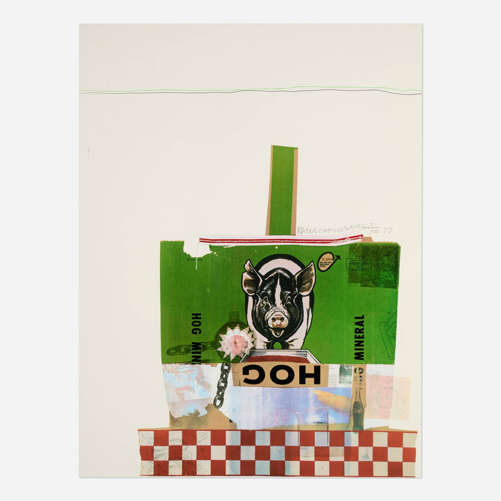 Robert Rauschenberg, Hog Chow (from the Chow Bags series): Robert Rauschenberg Hog Chow (from the Chow Bags series) 1977 screenprint in colors with sewn string 48 h x 36.25 w in (122 x 92 cm) Signed, dated and numbered to right edge 'Rauschenberg