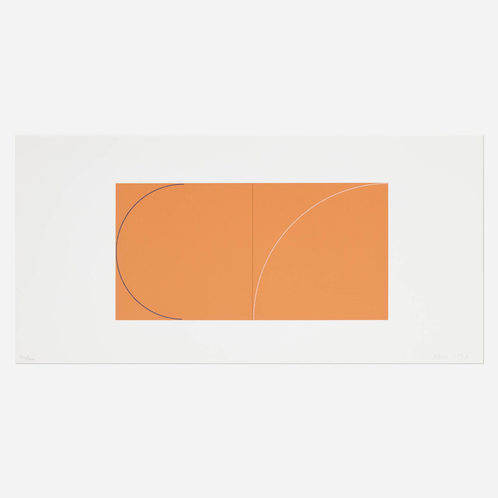 Robert Mangold, Untitled (from the Multiple Panel Paintings portfolio): Robert Mangold Untitled (from the Multiple Panel Paintings portfolio) 1992 screenprint in colors on Fabriano image: 7 h x 14 w in (18 x 36 cm) sheet: 11.625 h x 24 w in (30 x 61 cm) Signed, dated,