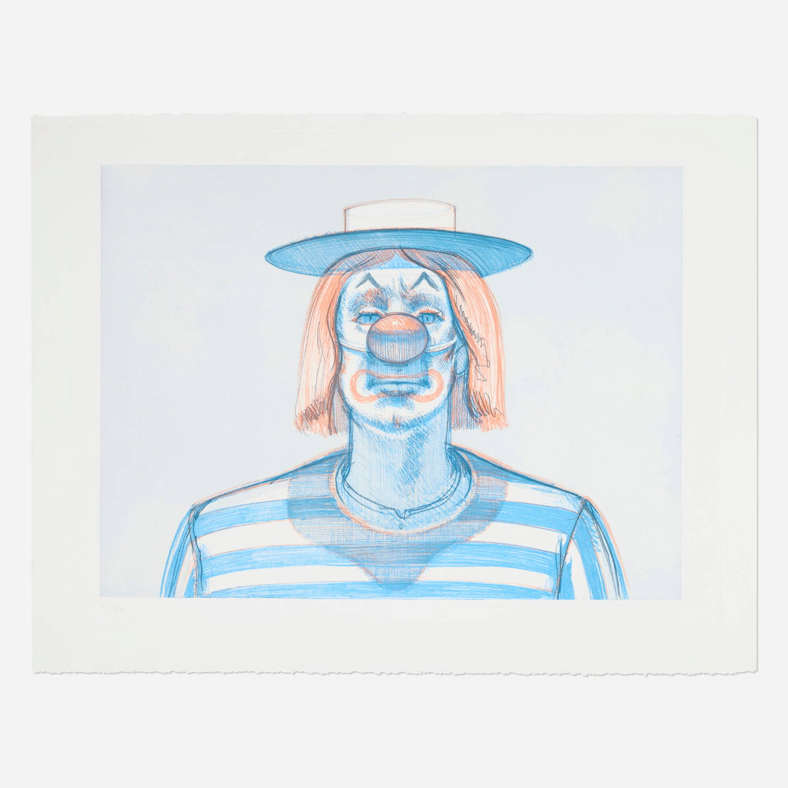 Wayne Thiebaud, Clown (from the Recent Etchings I portfolio): Wayne Thiebaud Clown (from the Recent Etchings I portfolio) 1979 lithograph in colors on Somerset image: 17.75 h x 23.75 w in (45 x 60 cm) sheet: 23 h x 29.625 w in (58 x 75 cm) Signed, dated and