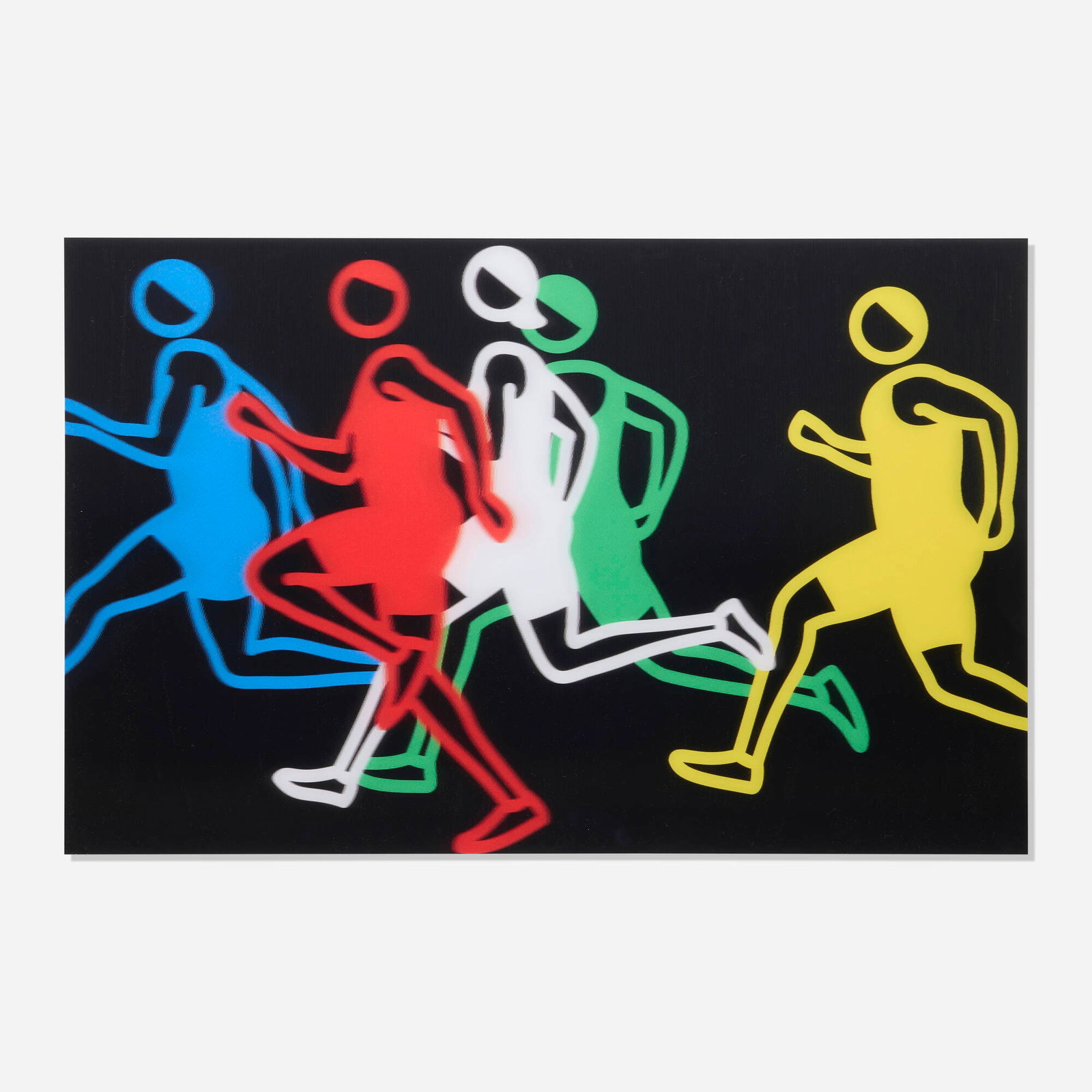 Julian Opie, Sprinters: Men Sprinters 2: Julian Opie Sprinters: Men Sprinters 2 2024 acrylic lenticular print mounted to white acrylic 30.5 h x 47.25 w x 0.1 d in (77 x 120 x 0 cm) Signed to label on verso 'Julian Opie'. Thi