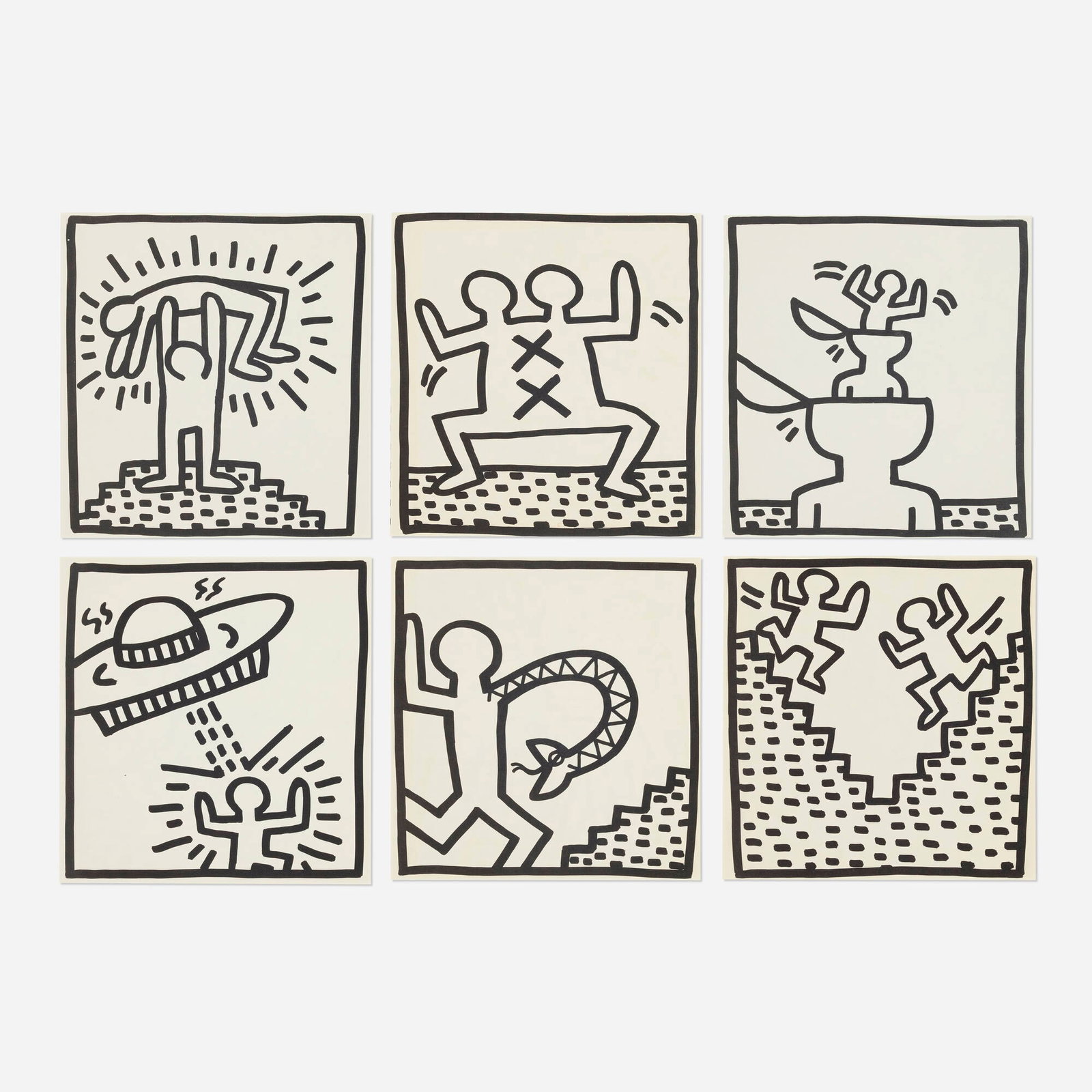 Keith Haring, Six works from the Keith Haring: Tony Shafrazi portfolio: Keith Haring Six works from the Keith Haring: Tony Shafrazi portfolio 1982 offset lithograph on notebook paper sight (each): 8.625 h x 8.375 w in (22 x 21 cm) These works are from the edition of 2000