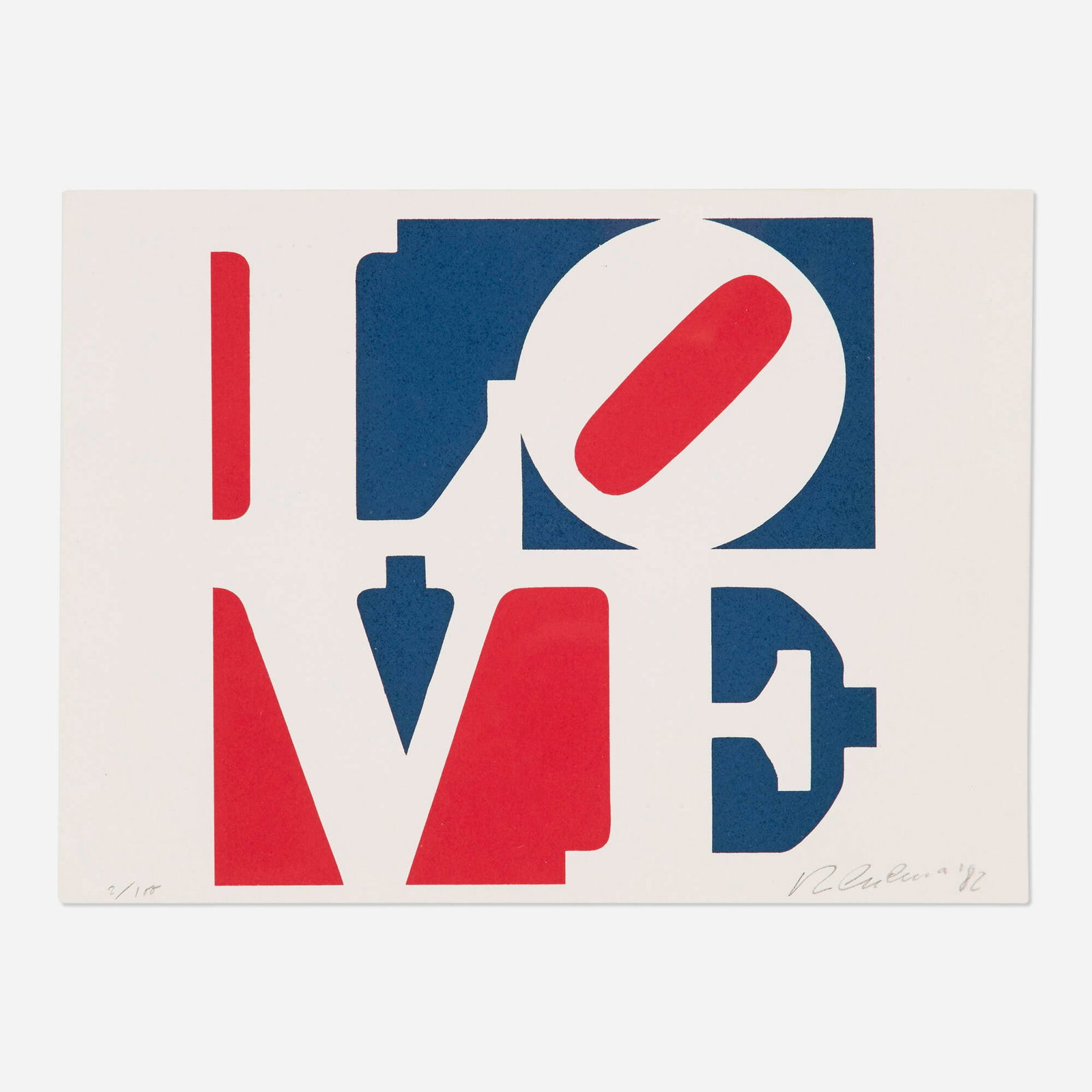 Robert Indiana, LOVE: Robert Indiana LOVE 1982 screenprint in colors image: 7.5 h x 7.5 w in (19 x 19 cm) sheet: 8 h x 11 w in (20 x 28 cm) Signed, dated, and numbered to lower edge '2/100 R Indiana '82'.