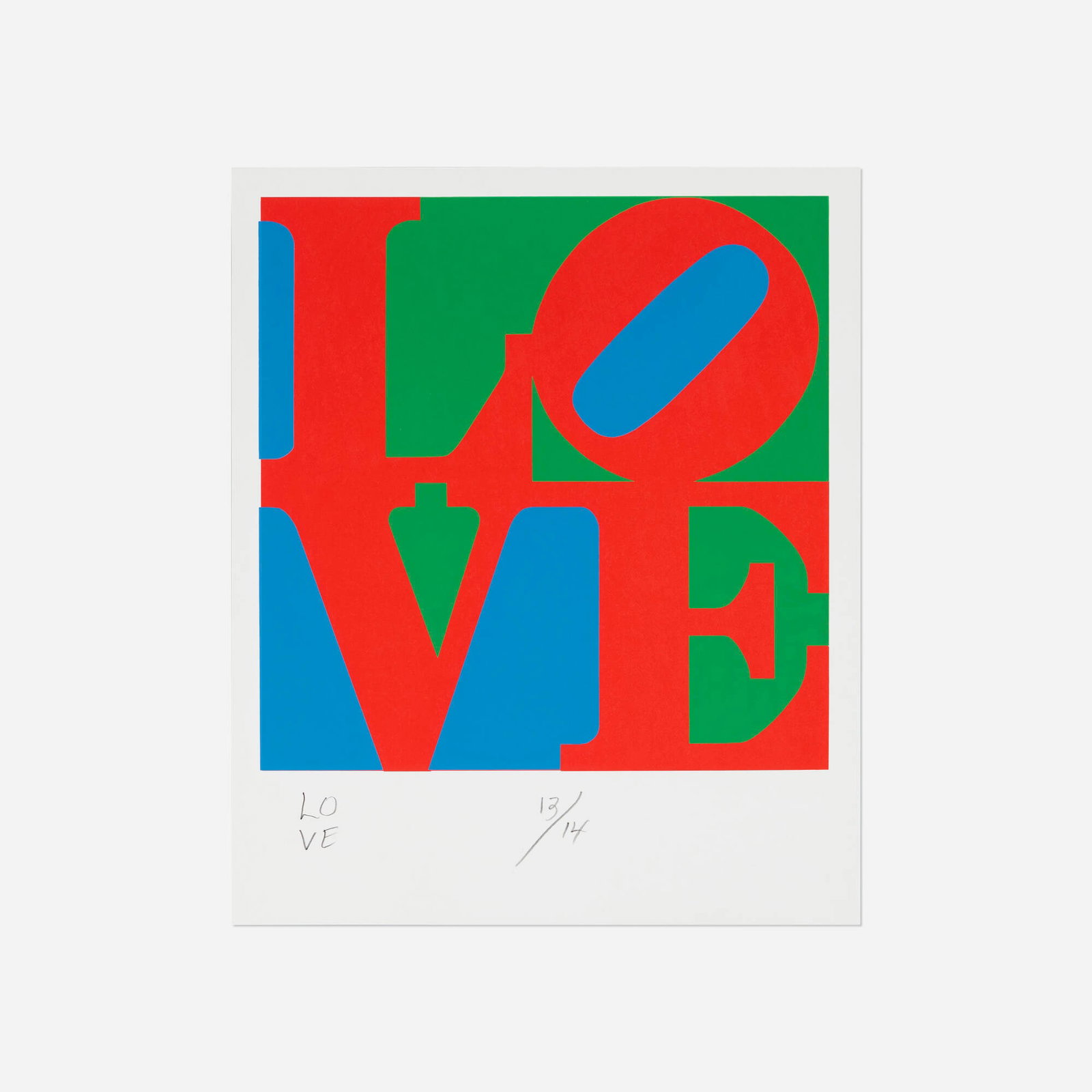 Robert Indiana, Love (from The Book of Love portfolio): Robert Indiana Love (from The Book of Love portfolio) 1996 screenprint in colors image: 18.125 h x 18 w in (46 x 46 cm) sheet: 24 h x 19.875 w in (61 x 50 cm) Titled and numbered to lower edge