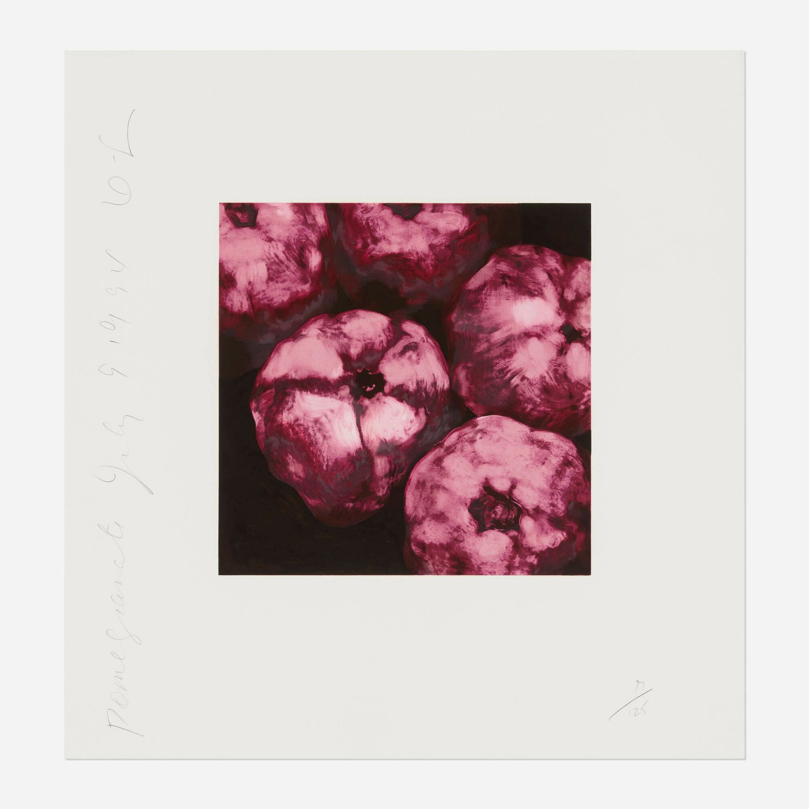 Donald Sultan, Pomegranates (from the Fruits and Flowers III series): Donald Sultan Pomegranates (from the Fruits and Flowers III series) 1994 screenprint in colors image: 12 h x 12 w in (30 x 30 cm) sheet: 22.875 h x 21.875 w in (58 x 56 cm) Signed, titled, d