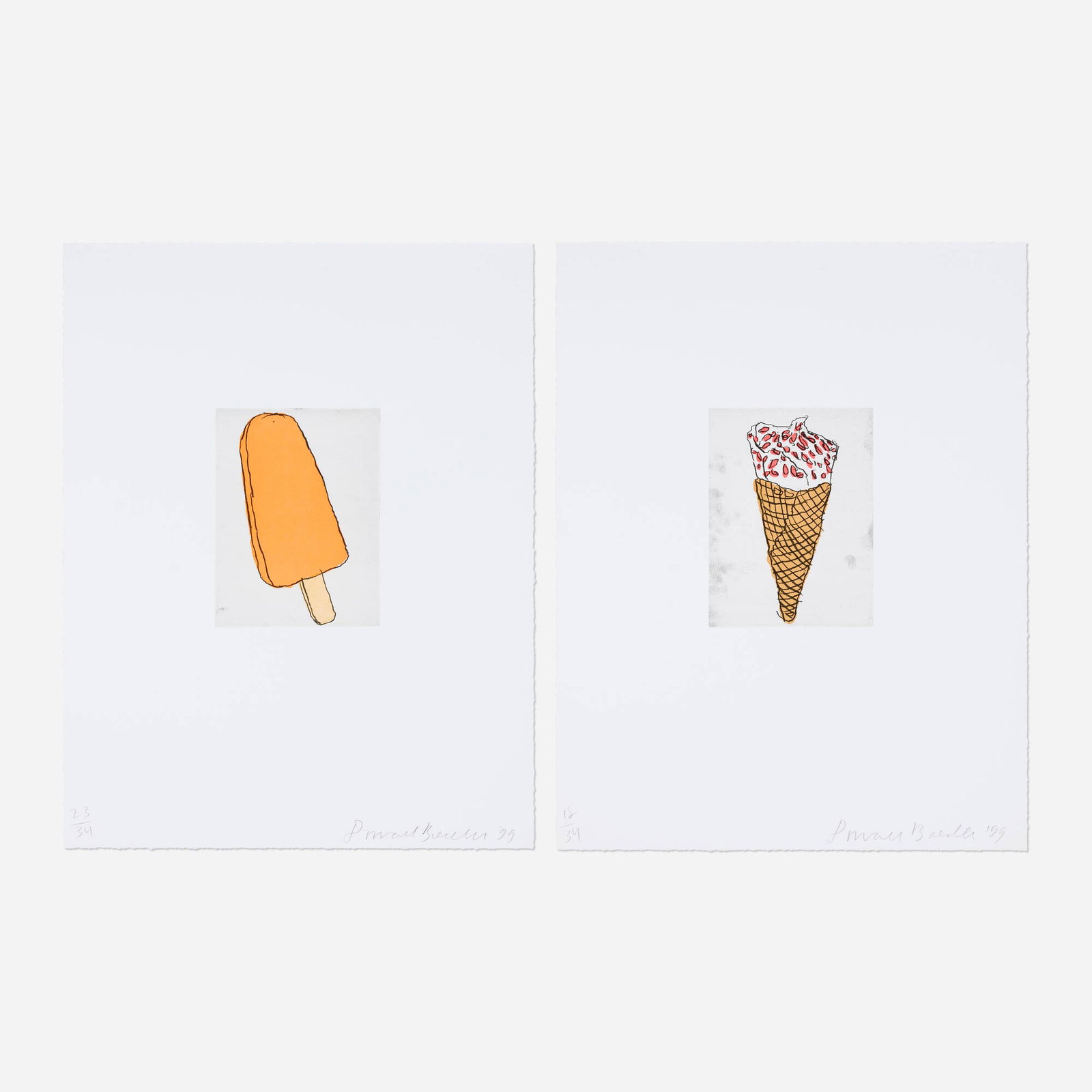 Donald Baechler, Creamsicle; Ice Cream Cone (two works): Donald Baechler Creamsicle; Ice Cream Cone (two works) 1999 soft ground etching and aquatint in colors on Magnani Pescia image (each): 8 h x 5.875 w in (20 x 15 cm) sheet (each): 22 h x 17 w in (56 x