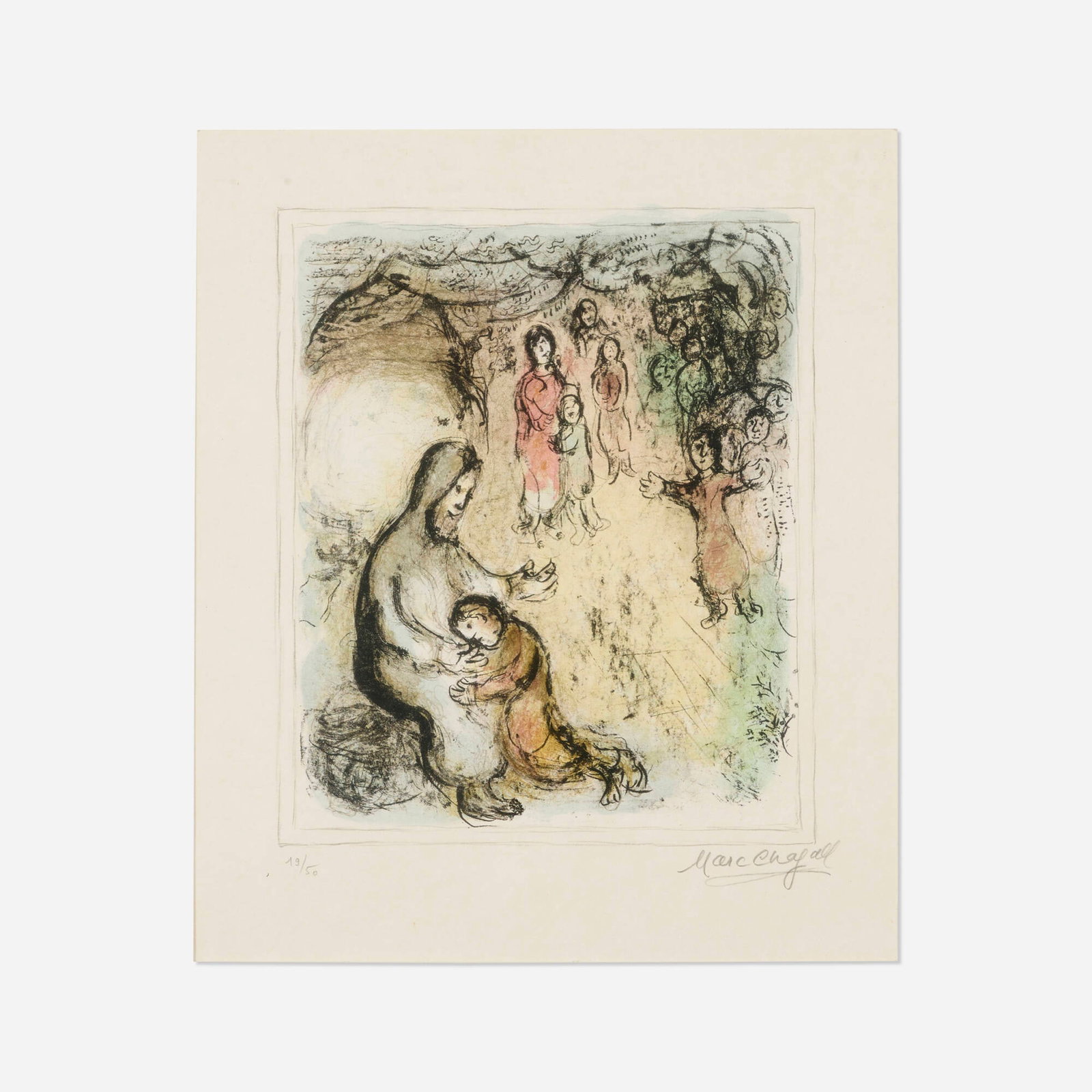 Marc Chagall, La Benediction de Jacob: Marc Chagall La Benediction de Jacob 1979 lithograph in colors image: 15 h x 12.5 w in (38 x 32 cm) sheet: 22.75 h x 17.75 w in (58 x 45 cm) Signed and numbered to lower edge '19/50 Mar