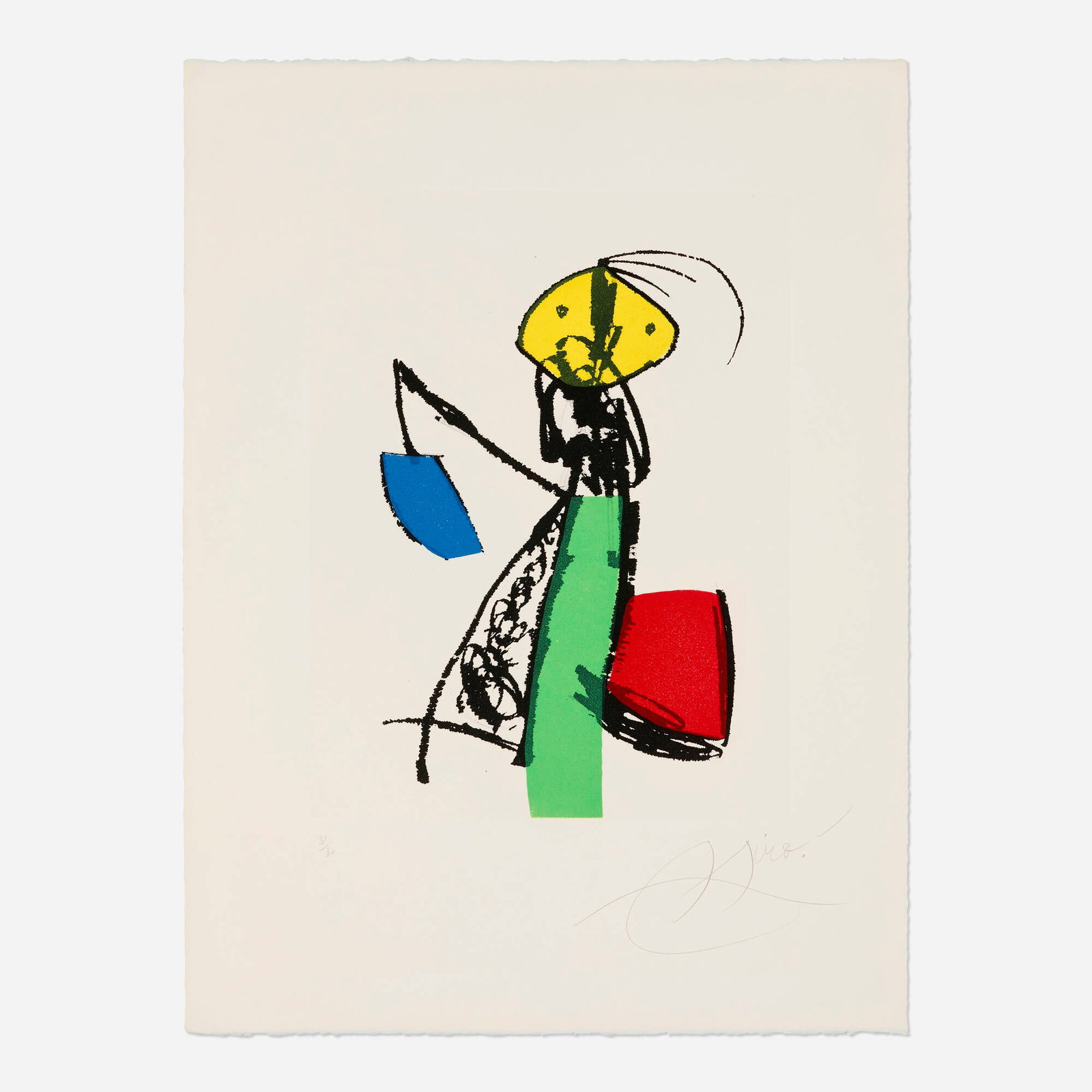 Joan Miro, Chanteur des rues II: Joan Miro Chanteur des rues II 1981 etching and aquatint in colors on Arches image: 14.5 h x 11 w in (37 x 28 cm) sheet: 22.375 h x 16.625 w in (57 x 42 cm) Signed and numbered to lower edge