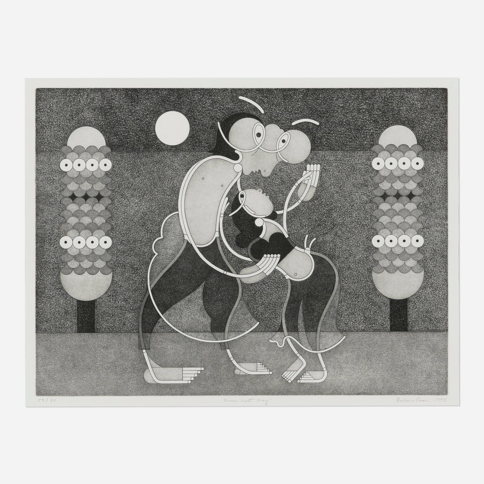 Barbara Rossi, Moon Meet May (from the A.G.B. 1+10 portfolio): Barbara Rossi Moon Meet May (from the A.G.B. 1+10 portfolio) 1993 etching and aquatint image: 17.625 h x 23.75 w in (45 x 60 cm) sight: 19 h x 25 w in (48 x 63 cm) Signed, titled, dated, and numbered
