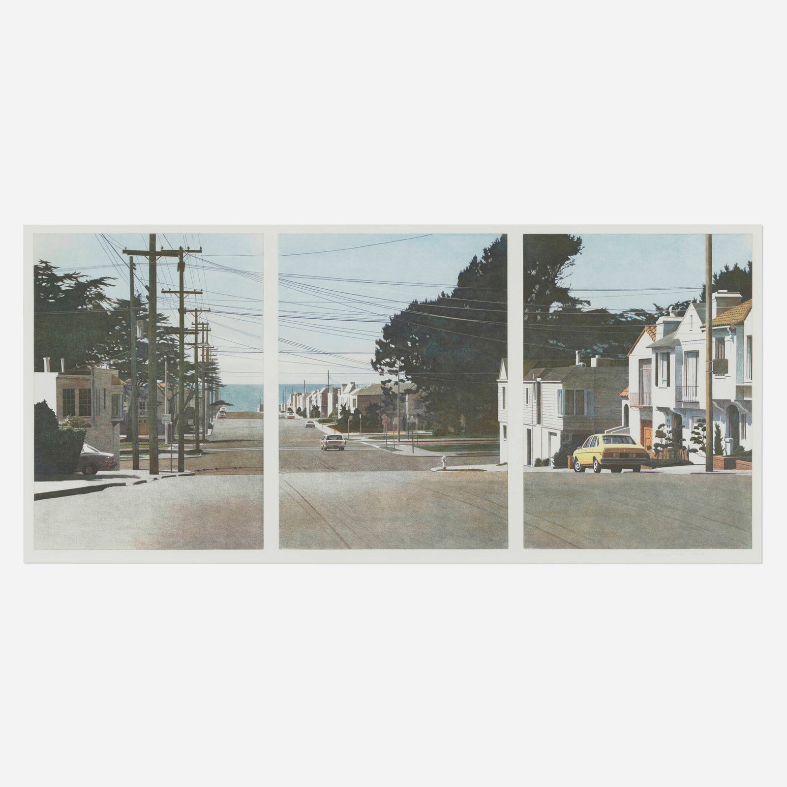 Robert Bechtle, Sunset Intersection (triptych): Robert Bechtle Sunset Intersection (triptych) 1983 soft-ground etching in colors image (each): 21.875 h x 15.875 w in (56 x 40 cm) image (overall): 21.875 h x 49.75 w in (56 x 126 cm) sight: 23.375 h