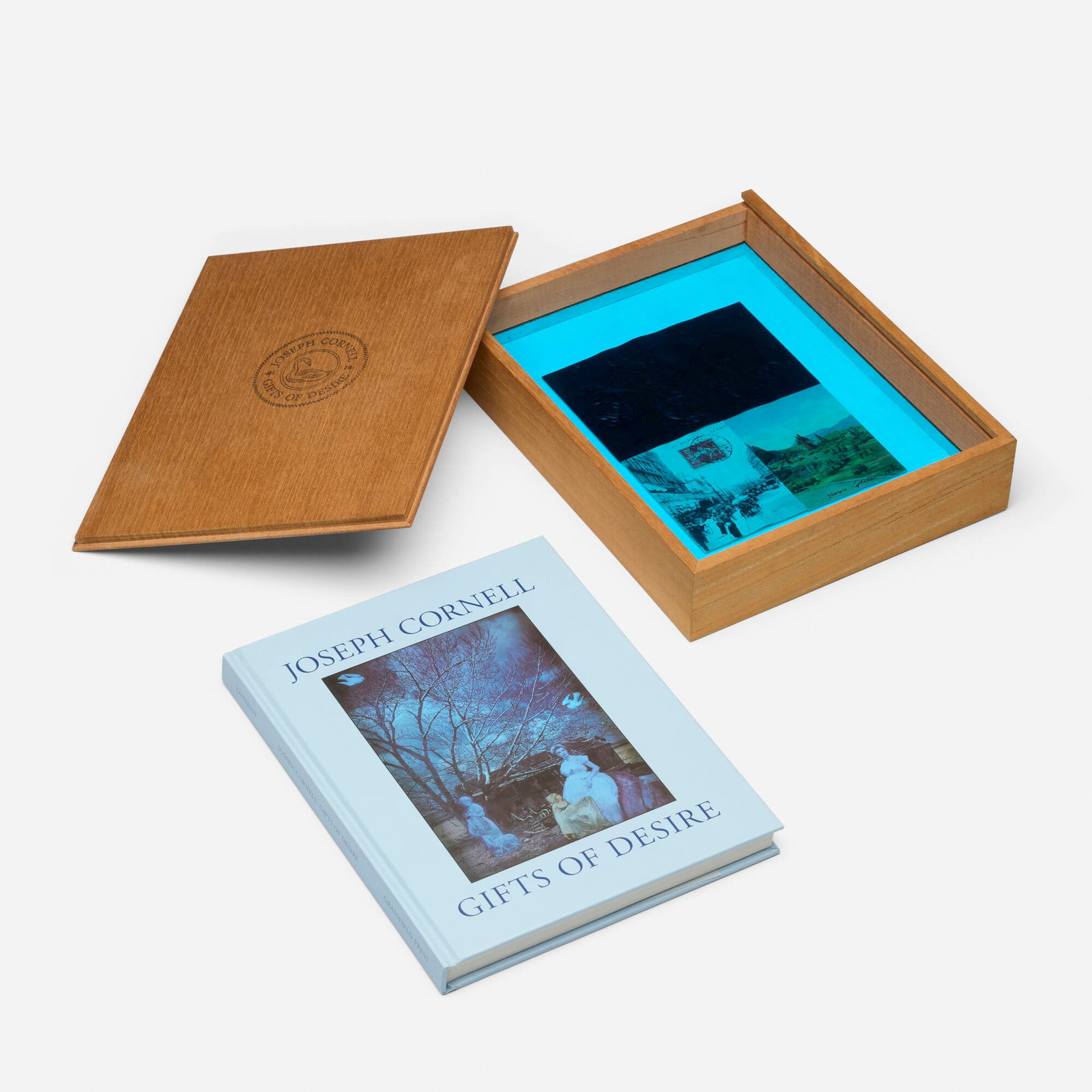 Buzz Spector, Joseph Cornell Gifts of Desire: Buzz Spector Joseph Cornell Gifts of Desire 1992 wax, ink and gesso on postcards mounted to artist-made cedar box with blue Plexiglas, book 10.625 h x 8.625 w x 2.25 d in (27 x 22 x 6 cm) Signed and