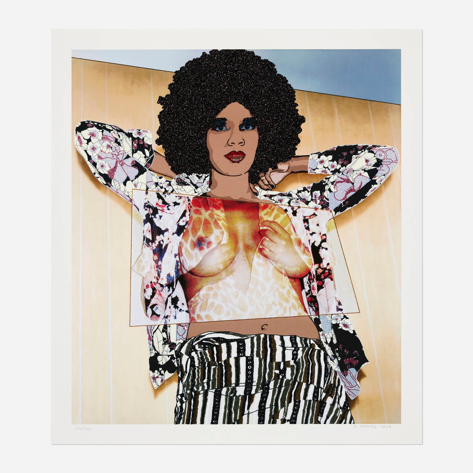 Mickalene Thomas, Portrait of Maya #10: Mickalene Thomas Portrait of Maya #10 2024 UV pigment print with screenprint in colors, glitter, shimmer and matte varnish on 410gsm Somerset Tub Sized Radiant White image: 21 h x 18.5 w in (53 x 47