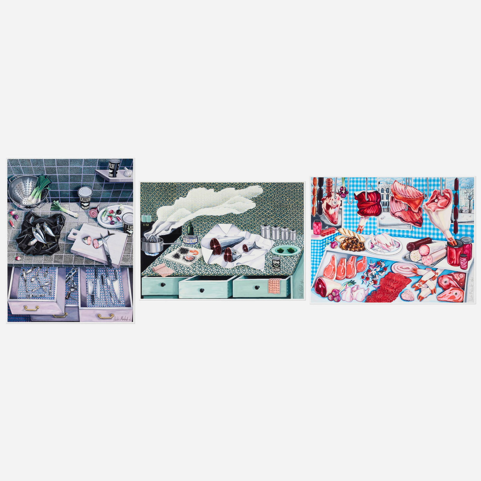 Nikki Maloof, The Green Kitchen; Preparation; The Meat Stall with Squashed Pigeon (three works): Nikki Maloof The Green Kitchen; Preparation; The Meat Stall with Squashed Pigeon (three works) 2021 archival pigment print in colors 18.5 h x 24 w in (47 x 61 cm) 24 h x 18.625 w in (61 x 47 cm)