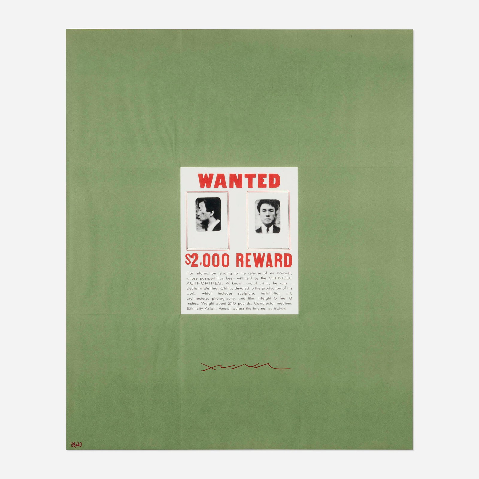 Ai Weiwei, $2,000 REWARD (Deluxe Wanted Poster): Ai Weiwei $2,000 REWARD (Deluxe Wanted Poster) 2014 pigment print in colors on Canson Rag Photographique image: 8 h x 6.375 w in (20 x 16 cm) sight: 22.75 h x 18.75 w in (58 x 48 cm) Signed and