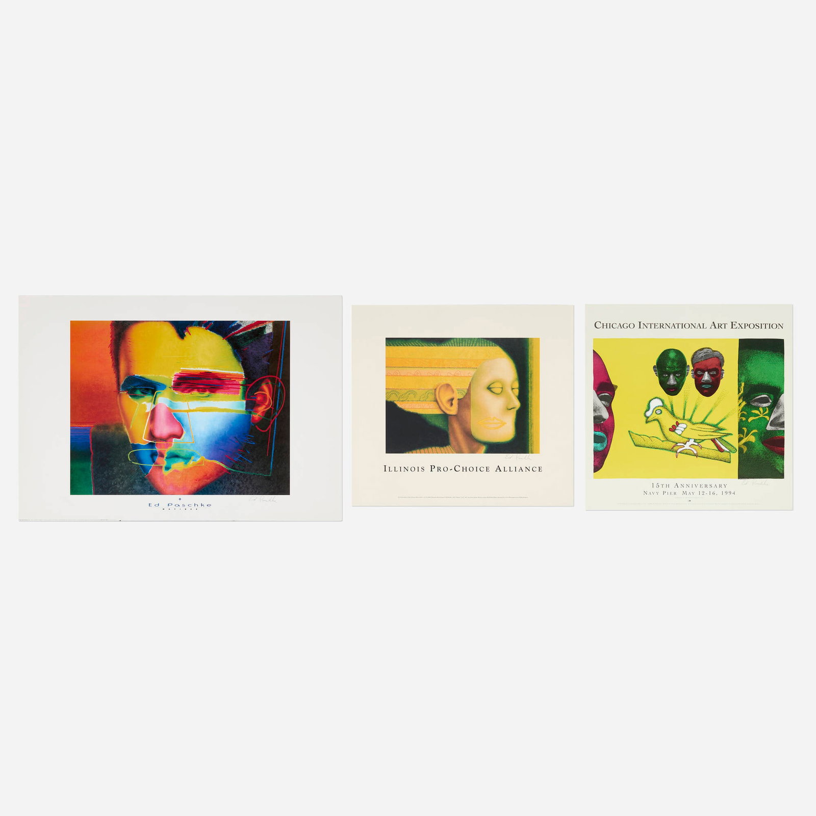 Ed Paschke, Three posters: Ed Paschke Three posters 1993-94 offset lithograph in colors 27.5 h x 39.375 w in (70 x 100 cm) 24.5 h x 27 w in (62 x 69 cm) 25.375 h x 25.5 w in (64 x 65 cm) Lot includes Chicago International Art