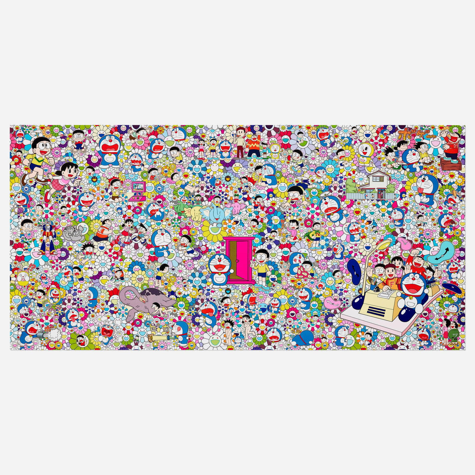 Takashi Murakami and Fujio F. Fujiko, Wouldn't it be nice if we could do such a thing: Takashi Murakami and Fujio F. Fujiko (Fujimoto Hiroshi) Wouldn't it be nice if we could do such a thing 2017 offset lithograph in colors 19.75 h x 40 w in (50 x 102 cm) Signed and numbered to l