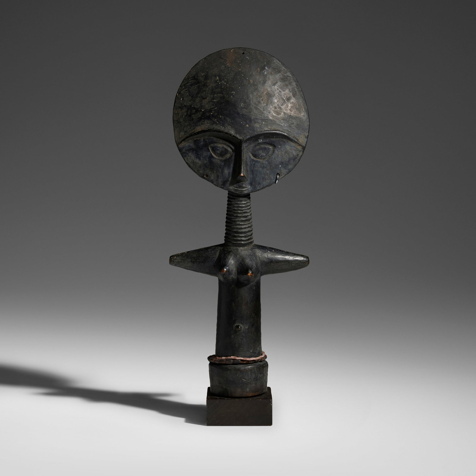 Asante (Ashanti), Akua'ba fertility figure: Asante (Ashanti) Akua'ba fertility figure Ghana, 20th century carved wood, beads, metal 15.5 h x 6 w x 3 d in (39 x 15 x 8 cm) Provenance: Collection of Eliot Elisofon | Thence by descent This work