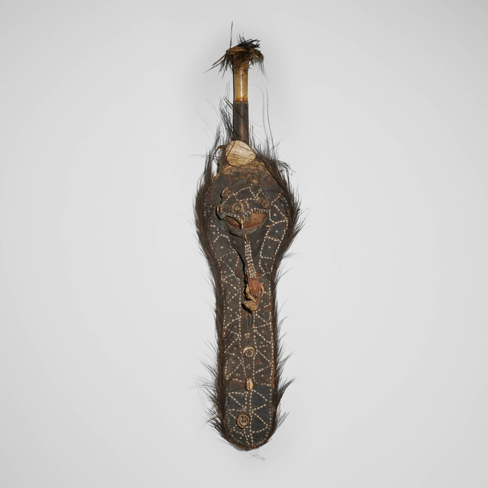 Biwat, Flute mask: Biwat Flute mask Yuat River, East Sepik Province, Papua New Guinea, 20th century carved wood with encrustation, shell, feathers, bone 47 h x 11 w x 9 d in (119 x 28 x 23 cm) Attached to sacred