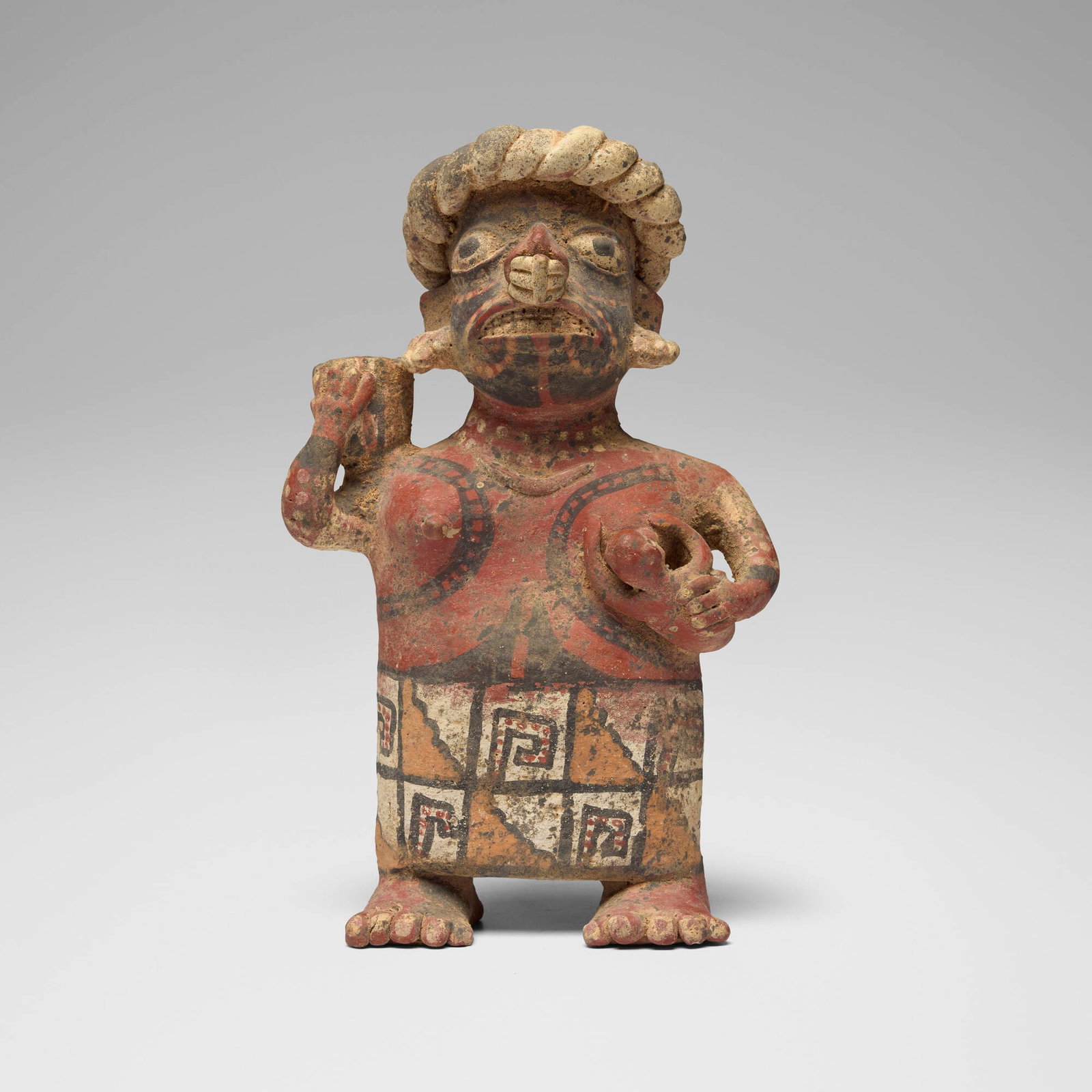 Nayarit, Maternity figure: Nayarit Maternity figure Mexico, Protoclassic, c. 100 BCE-250 CE painted earthenware 9.25 h x 5.75 w x 3.25 d in (23 x 15 x 8 cm) Sold with a digital copy of the original invoice from Bernheimers