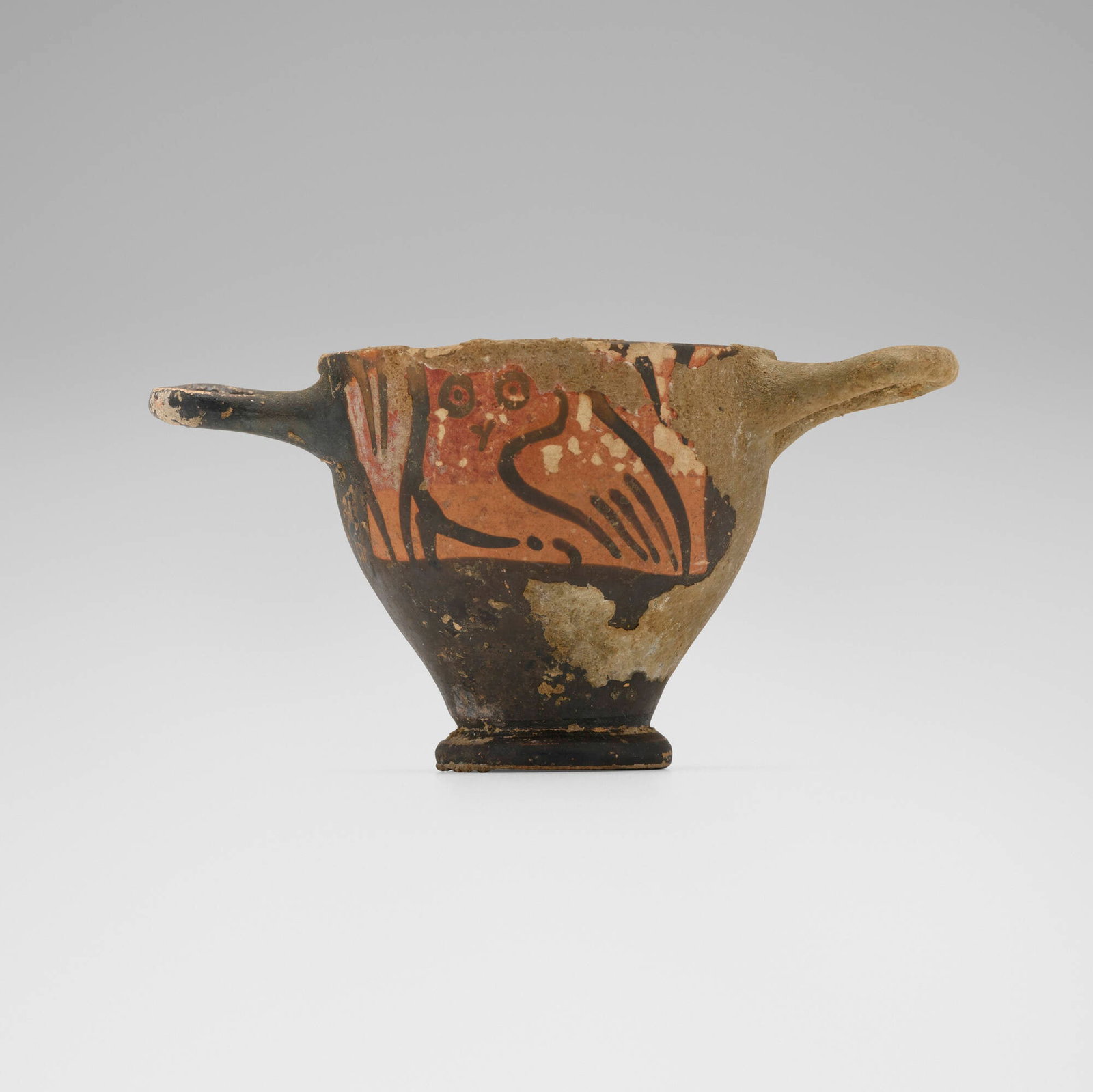 Ancient Greek, Attic, Red-figure skyphos with owls: Ancient Greek, Attic Red-figure skyphos with owls Greece, 4th century BCE glazed earthenware 2.25 h x 4.25 w x 2.5 d in (6 x 11 x 6 cm) This work will ship from Chicago, Illinois.