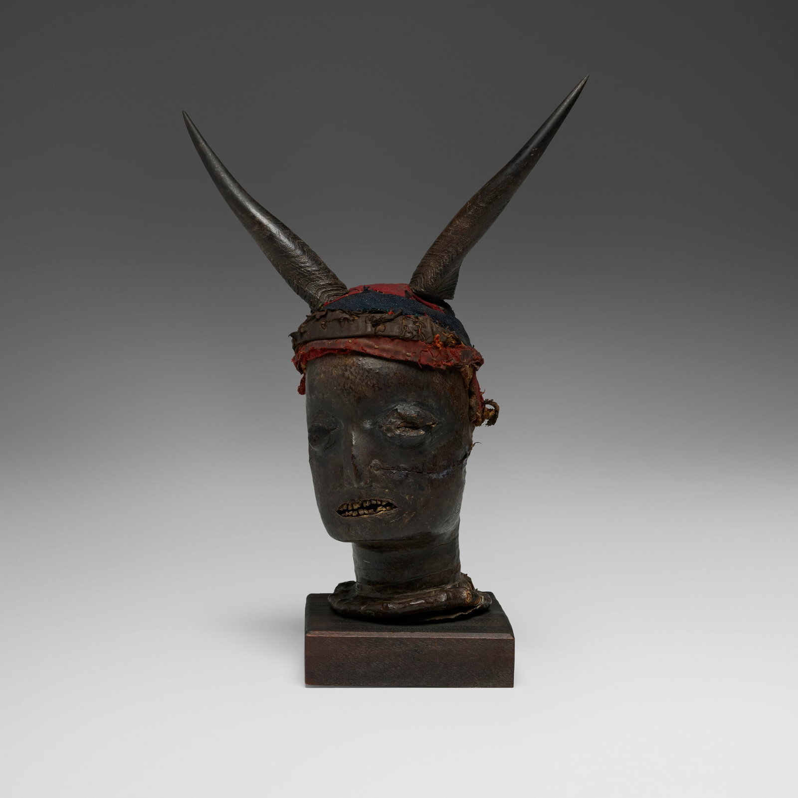 Ekoi, Obang mask: Ekoi Obang mask Nigeria and Cameroon, early 20th century antelope skin over wood, horn, fiber, wicker 17 h x 12 w x 6 d in (43 x 30 x 15 cm) Provenance: Acquired in France, Private Collection,