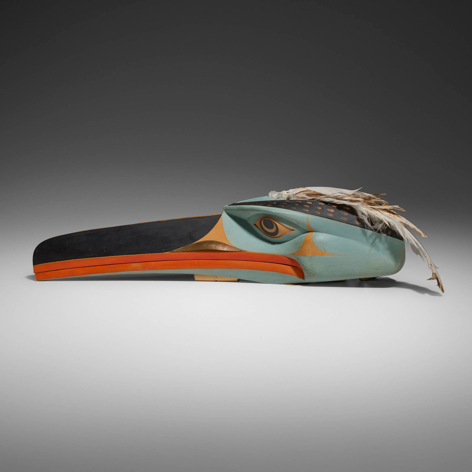 Duane Pasco, Bird mask: Duane Pasco Bird mask c. 1985 carved and painted wood, feathers, leather, copper 4.5 h x 18 w x 8 d in (11 x 46 x 20 cm) Provenance: Private Collection, Chicago This work will ship from Chicago,