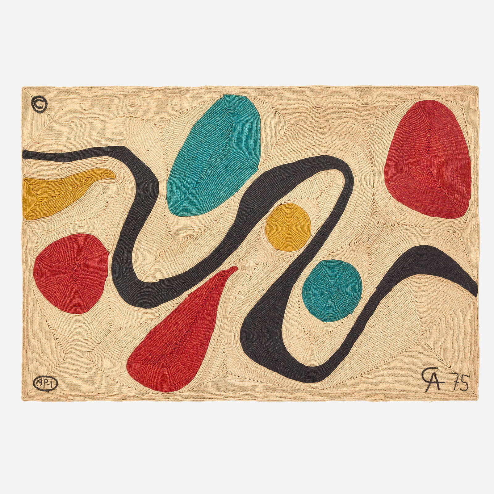 After Alexander Calder, Turquoise tapestry: After Alexander Calder Turquoise tapestry CAC Publications/Bon Art 1975 hand-woven maguey fiber 57 h x 83.25 w in (145 x 211 cm) Woven signature, date and number to lower edge 'AP-1 Calder 75'. This