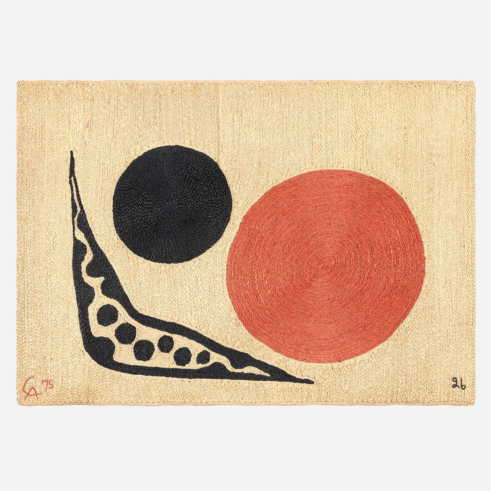 After Alexander Calder, Moon tapestry: After Alexander Calder Moon tapestry CAC Publications/Bon Art 1975 hand-woven maguey fiber 47.75 h x 67.5 w in (121 x 171 cm) Woven signature, date, and number to lower edge 'CA 75 26'.