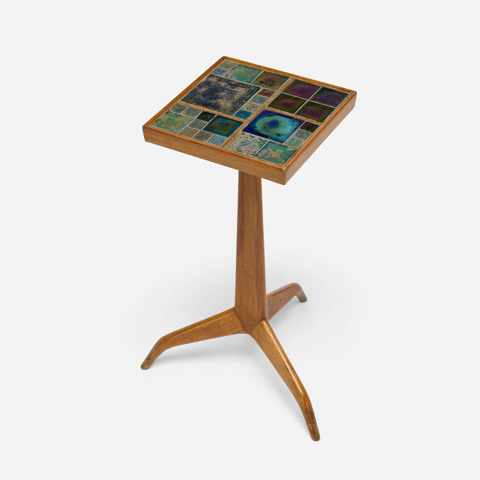 Edward Wormley, Janus occasional table, model 6047: Edward Wormley Janus occasional table, model 6047 Dunbar USA, 1960 mahogany, Tiffany Studio glass tiles, brass 23.25 h x 15 w x 14 d in (59 x 38 x 36 cm) Brass manufacturer's label to underside