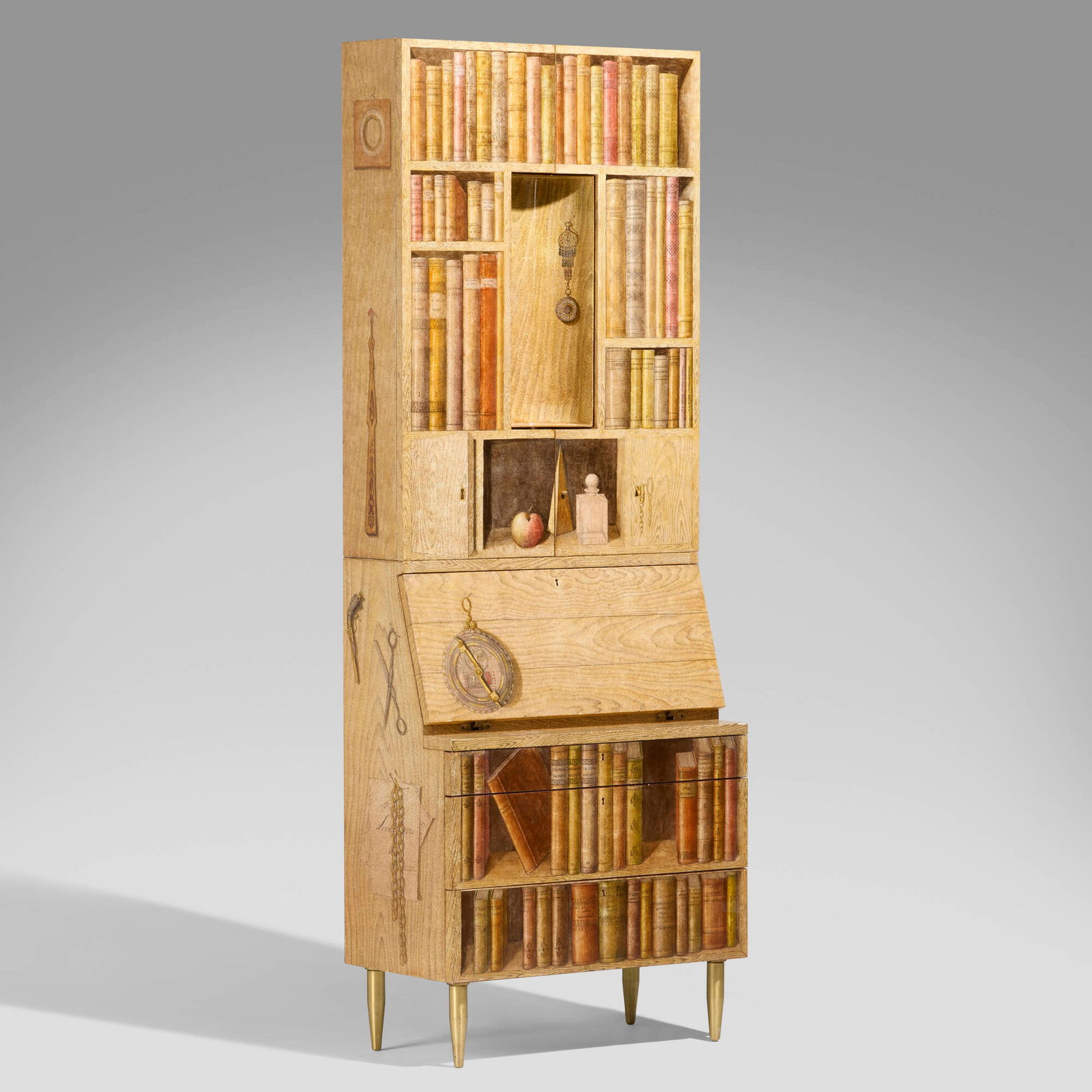 Piero Fornasetti, Rare Libri trumeau: Piero Fornasetti Rare Libri trumeau Fornasetti Milano Italy, 1954 / 1992-93 screenprint transfer on wood and steel, lacquered wood, glass, brass 86.25 h x 31.5 w x 16 d in (219 x 80 x 41 cm) This