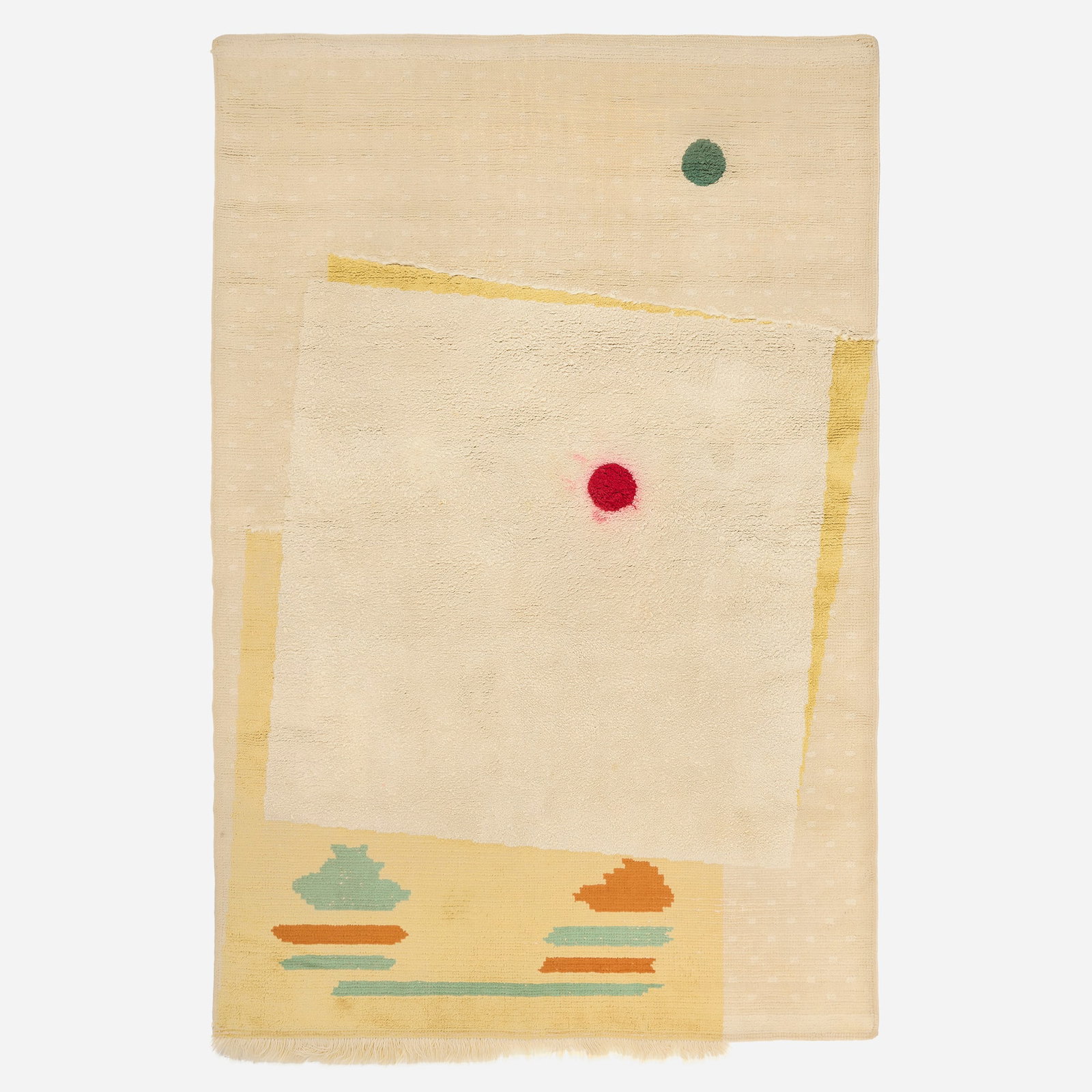 After Joan Miro, Montage low-pile carpet: After Joan Miro Montage low-pile carpet F. Schumacher & Co. Spain, c. 1955 hand-knotted wool 6'7" x 9'11" in (201 x 302 cm) Remnants of fabric manufacturer's label to reverse. Literature: F.