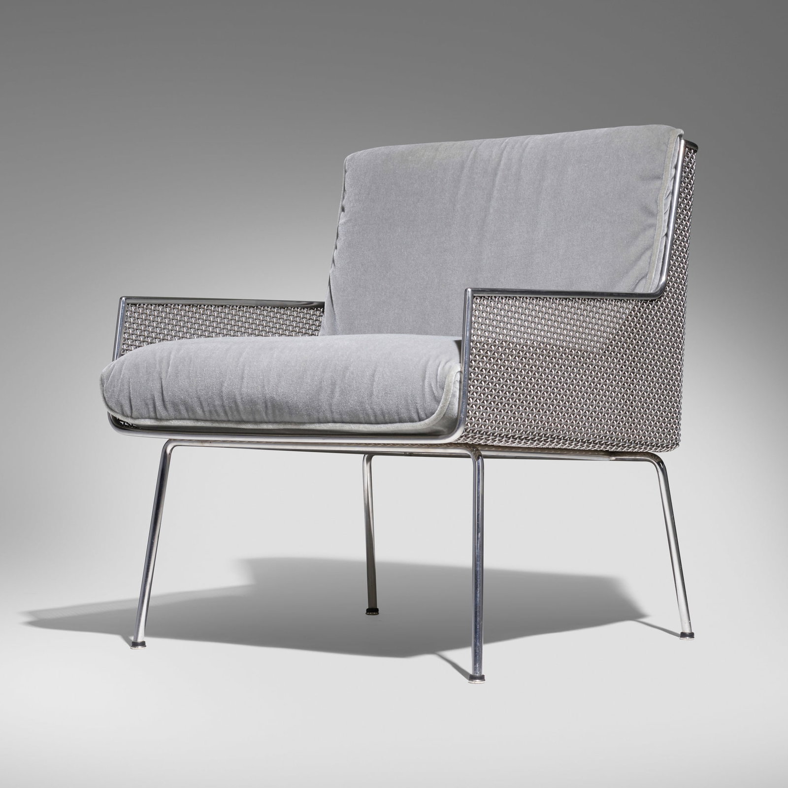 Davis Allen, Lounge chair from the Inland Steel Building, Chicago: Davis Allen Lounge chair from the Inland Steel Building, Chicago Edgewater USA, 1958 chrome-plated steel, stainless steel, mohair 32 h x 26 w x 29 d in (81 x 66 x 74 cm) Provenance: Inland Steel