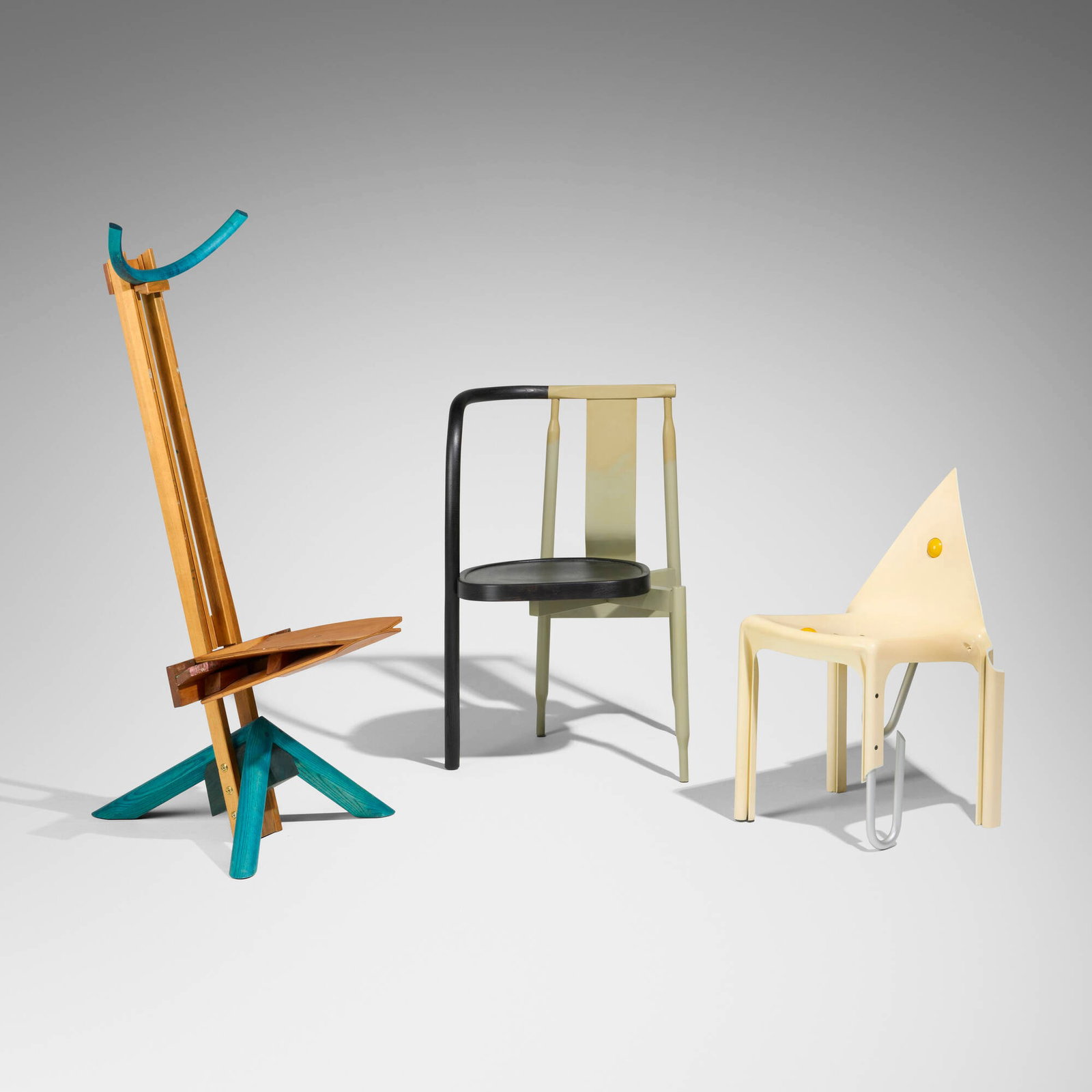 Martino Gamper, Collection of three chairs: Martino Gamper Collection of three chairs Italy, 21st century lacquered wood, stained oak, cherry, fiberglass, acrylic, brass-plated steel, zinc 29 h x 18.5 w x 19.5 d in (74 x 47 x 50 cm) 34 h x