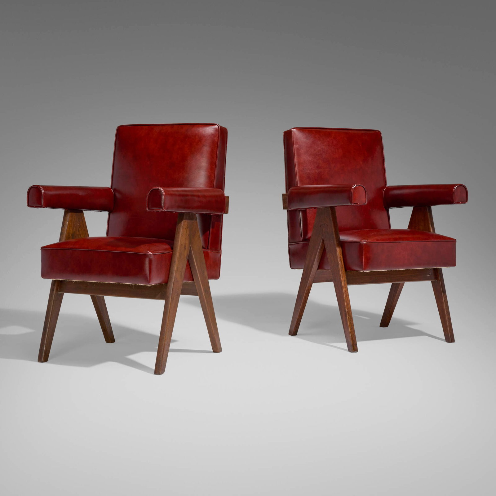 Pierre Jeanneret, Committee chairs from High Court, Chandigarh, pair: Pierre Jeanneret Committee chairs from High Court, Chandigarh, pair France/India, c. 1953 teak, leather upholstery 36.5 h x 24 w x 26 d in (93 x 61 x 66 cm) Provenance: High Court, Chandigarh, India