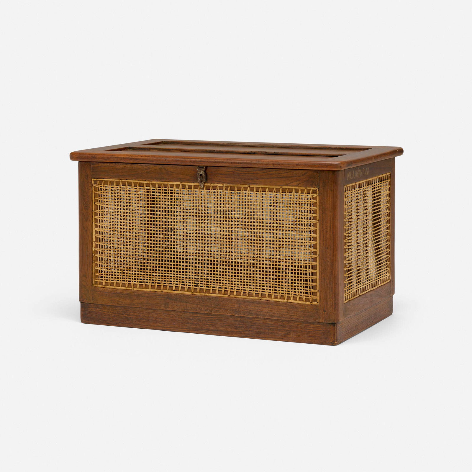 Pierre Jeanneret, Linen chest from Hostel for Girls, Punjab University, Chandigarh: Pierre Jeanneret Linen chest from Hostel for Girls, Punjab University, Chandigarh France/India, c. 1958 teak, cane, steel 16.5 h x 28 w x 18 d in (42 x 71 x 46 cm) Stenciled markings to upper r