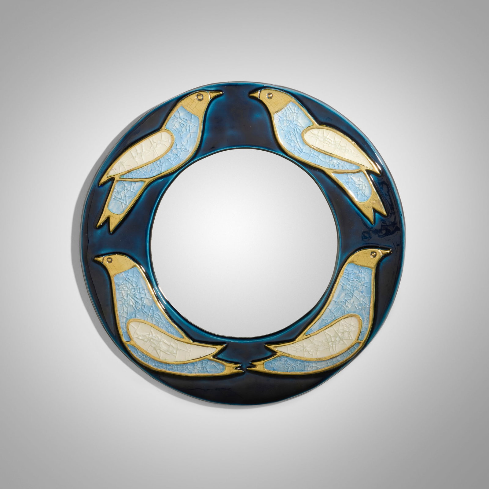 Mithe Espelt, Wall mirror: Mithe Espelt Wall mirror France, c. 1965 glazed and gilt earthenware, crushed glass, mirrored glass 0.625 d x 13.75 dia in (2 x 35 cm) Provenance: Private Collection This work will ship from