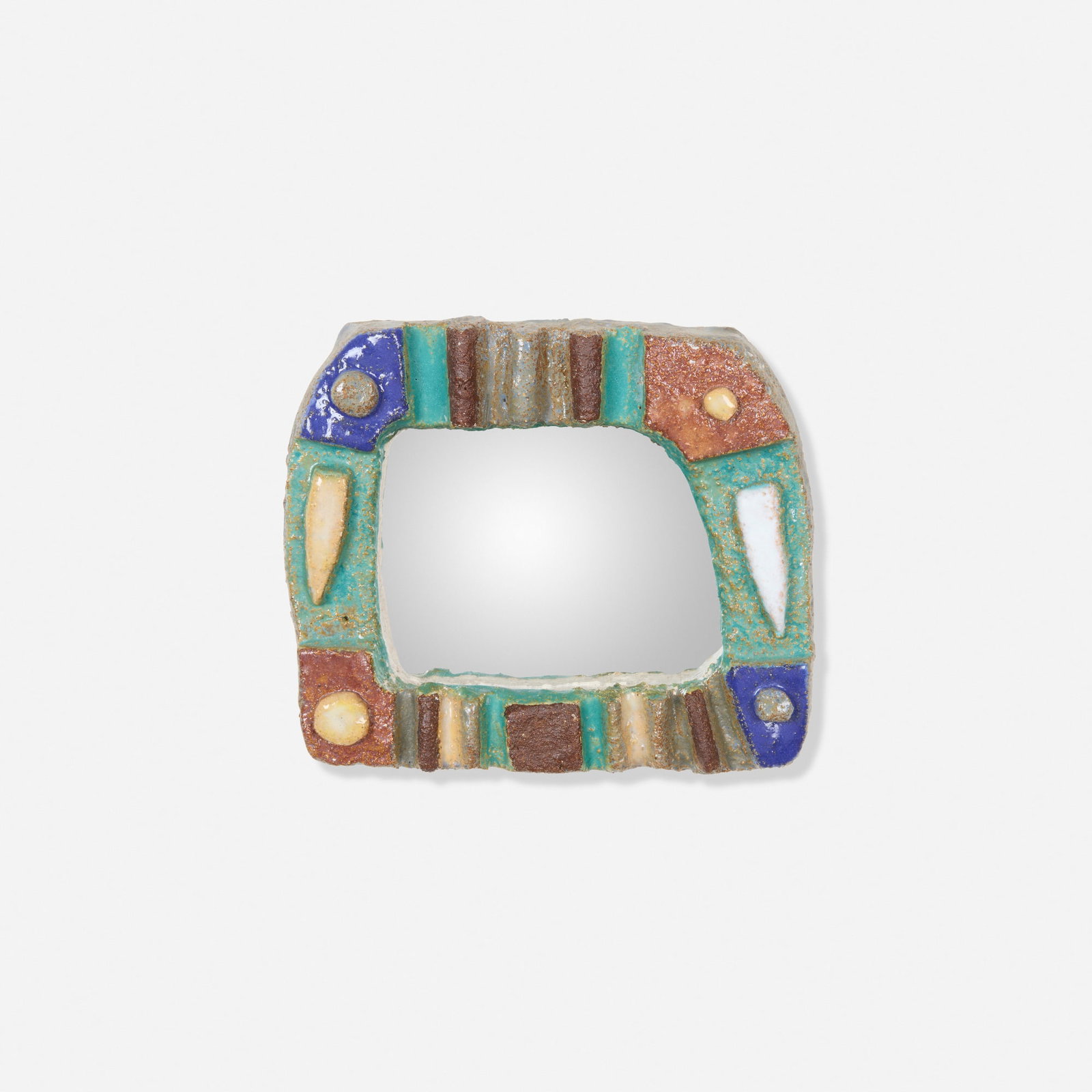 Isabelle Ferlay, Wall mirror: Isabelle Ferlay Wall mirror Les Argonautes France, c. 1960 glazed earthenware, mirror 6.25 h x 7.25 w x 1.75 d in (16 x 18 x 4 cm) Signed in ink to reverse 'I.F. Les Argonautes Vallauris'.