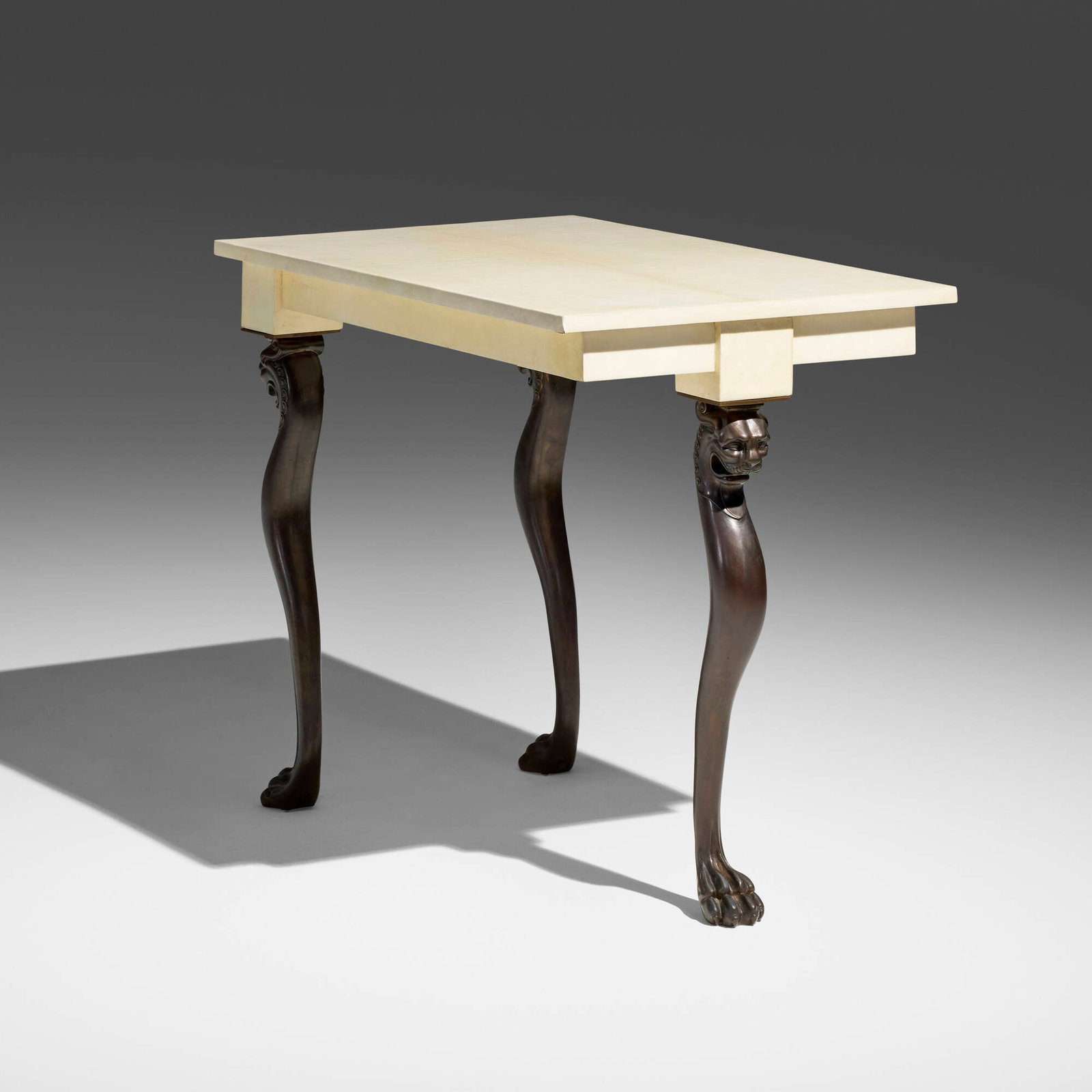 Blackman Cruz Workshop, Athena occasional table: Blackman Cruz Workshop Athena occasional table USA, 2000 bronze, parchment over wood 29.75 h x 35.75 w x 21.25 d in (76 x 91 x 54 cm) This work was inspired by the three-legged Hellenistic tabl