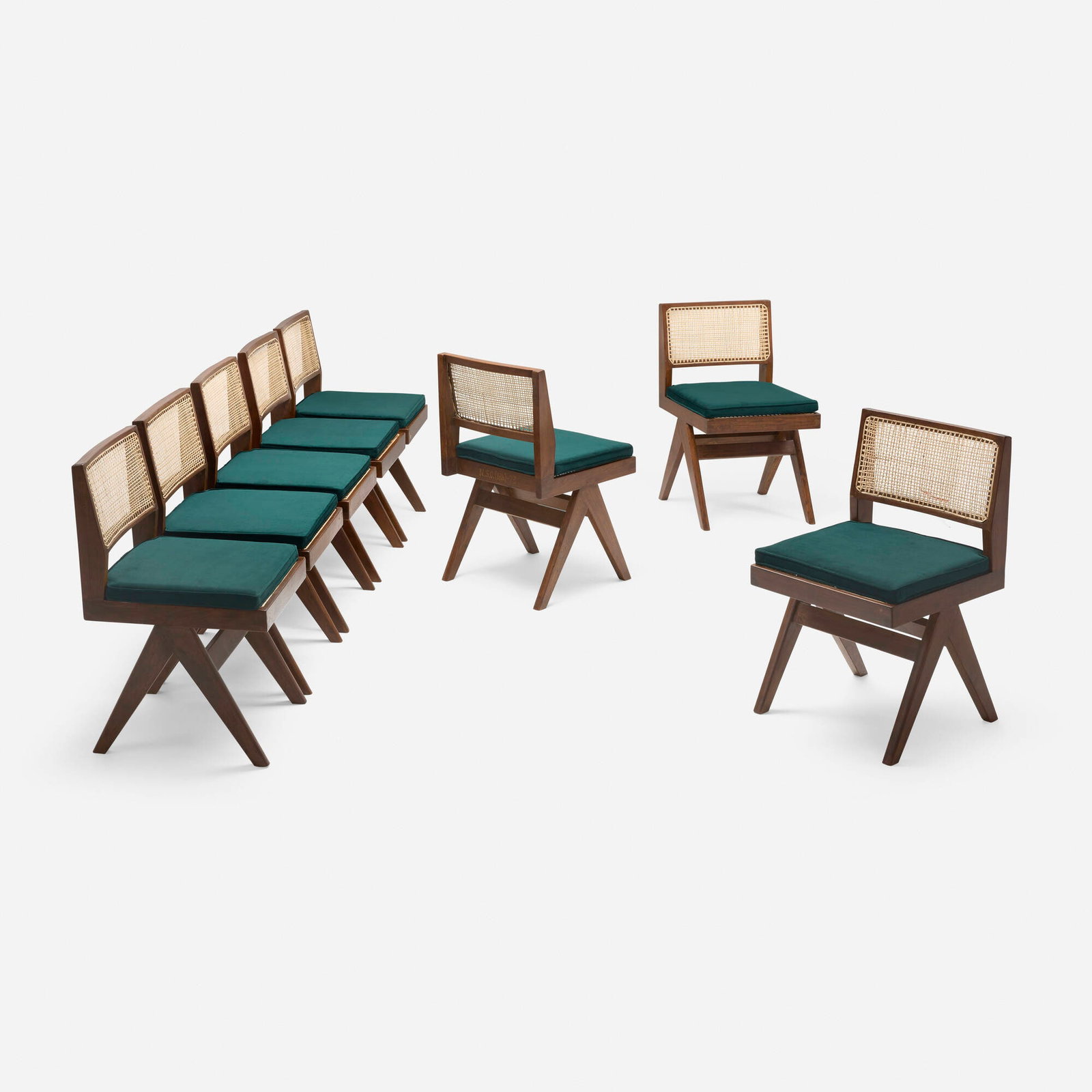 Pierre Jeanneret, Dining chairs from Punjab University Student Residence, Chandigarh, set of eight: Pierre Jeanneret Dining chairs from Punjab University Student Residence, Chandigarh, set of eight France/India, c. 1958-59 teak, cane, upholstery 33 h x 17.75 w x 20 d in (84 x 45 x 51 cm) Sten