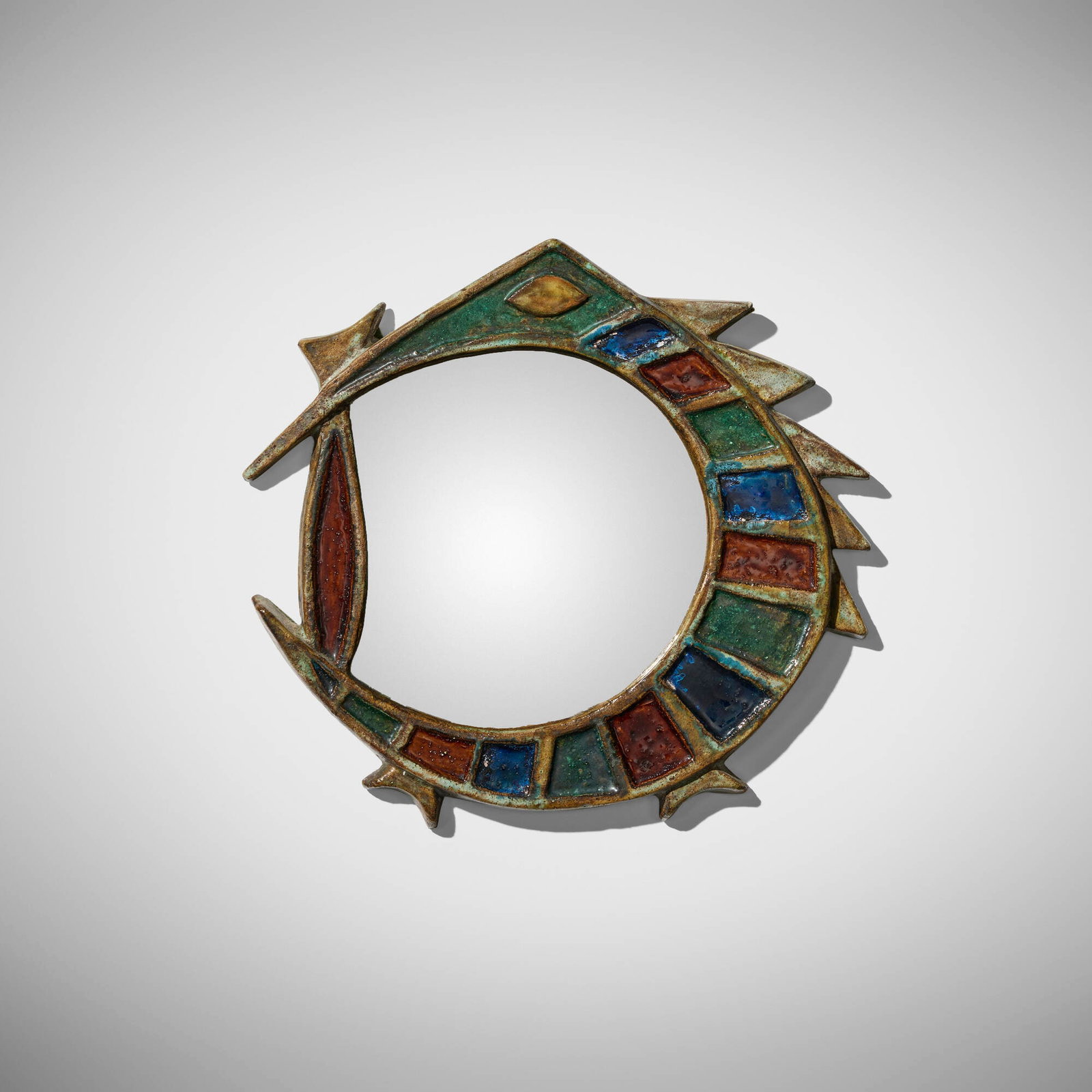 Modern, Wall mirror: Modern Wall mirror c. 1965 glazed earthenware, mirrored glass 11.75 h x 12.25 w x 0.75 d in (30 x 31 x 2 cm) Provenance: Magen H Gallery, New York | Private Collection This work will ship from