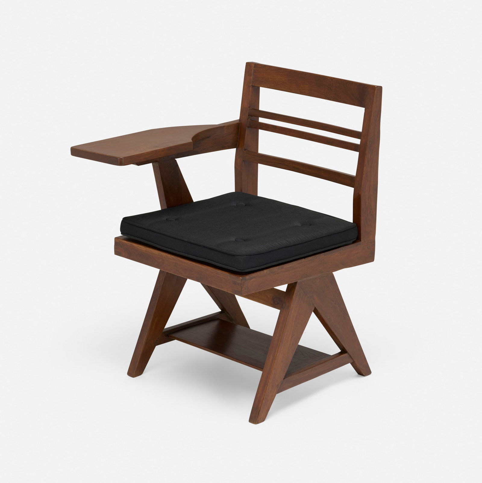 Pierre Jeanneret, Writing chair from Punjab University, Chandigarh: Pierre Jeanneret Writing chair from Punjab University, Chandigarh France/India, c. 1960 teak, upholstery 31 h x 21 w x 23.5 d in (79 x 53 x 60 cm) Stenciled marking to reverse. Provenance: Punjab