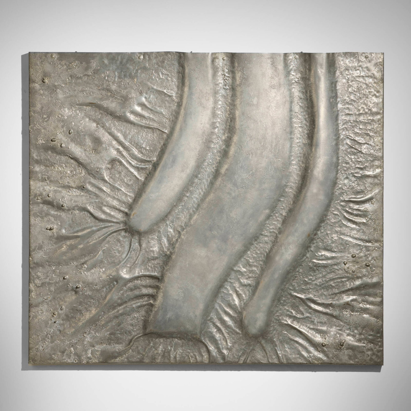 Pierre Sabatier, Coulees (wall sculpture): Pierre Sabatier Coulees (wall sculpture) c. 1975 nickel-plated brass and steel 37.625 h x 43.125 w x 2.25 d in (96 x 110 x 6 cm) Provenance: Magen H Gallery, New York | Private Collection This work