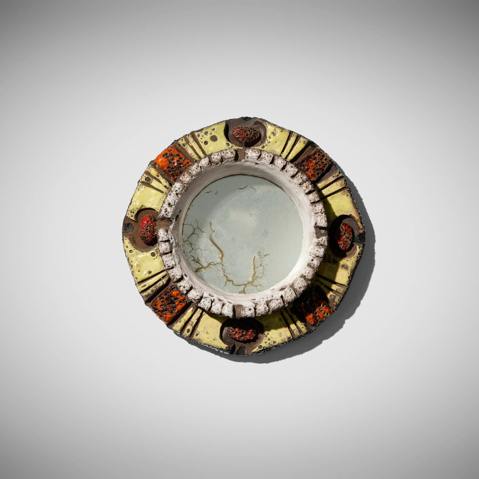 European, Wall mirror: European Wall mirror c. 1955 glazed stoneware, mirrored glass 2.5 d x 10 dia in (6 x 25 cm) Provenance: Magen H Gallery, New York | Private Collection This