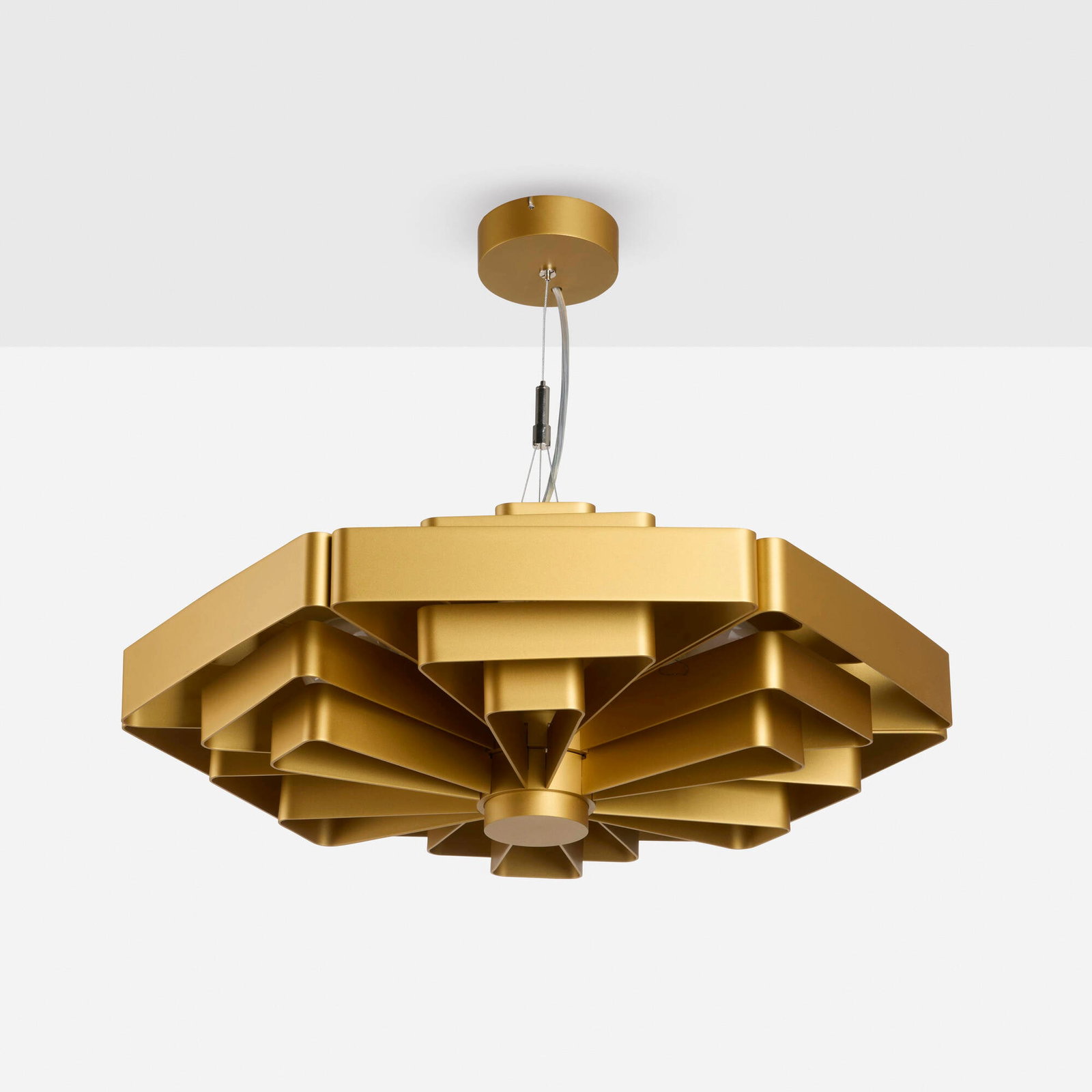 Jules Wabbes, J.J.W. 04 ceiling lamp: Jules Wabbes J.J.W. 04 ceiling lamp Wever & Ducre Belgium, c. 1965 / 2026 painted aluminum 7.75 h x 22 w x 20 d in (20 x 56 x 51 cm) Decal manufacturer's label to pendant base 'Wever &