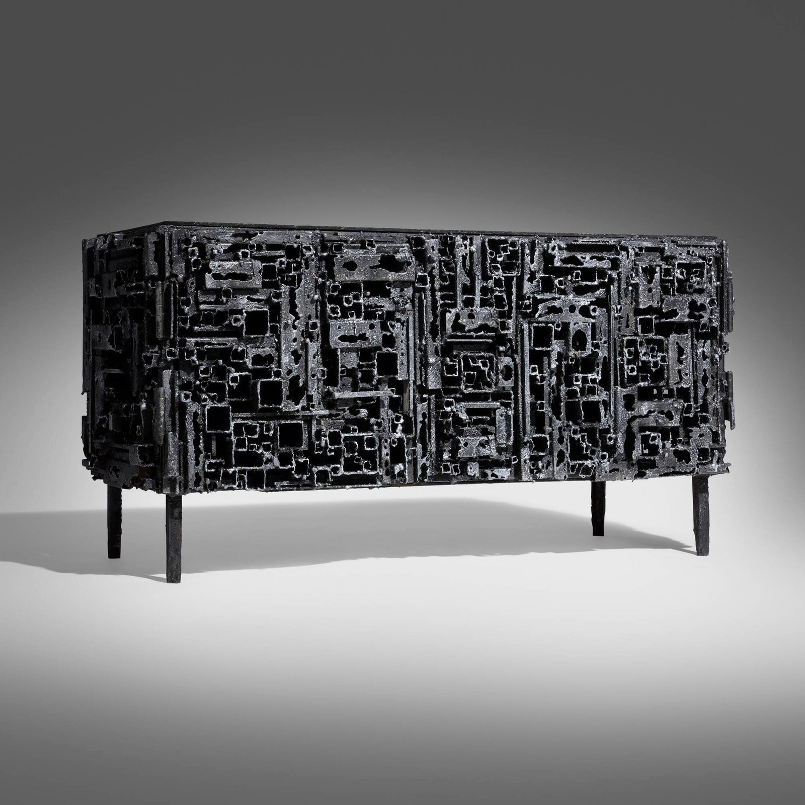 James Bearden, Cabinet: James Bearden Cabinet USA, 2026 plasma-carved steel with metallic polywash finish 27.25 h x 54.5 w x 22 d in (69 x 138 x 56 cm) Cabinet features two doors that conceal storage. Welded signature to