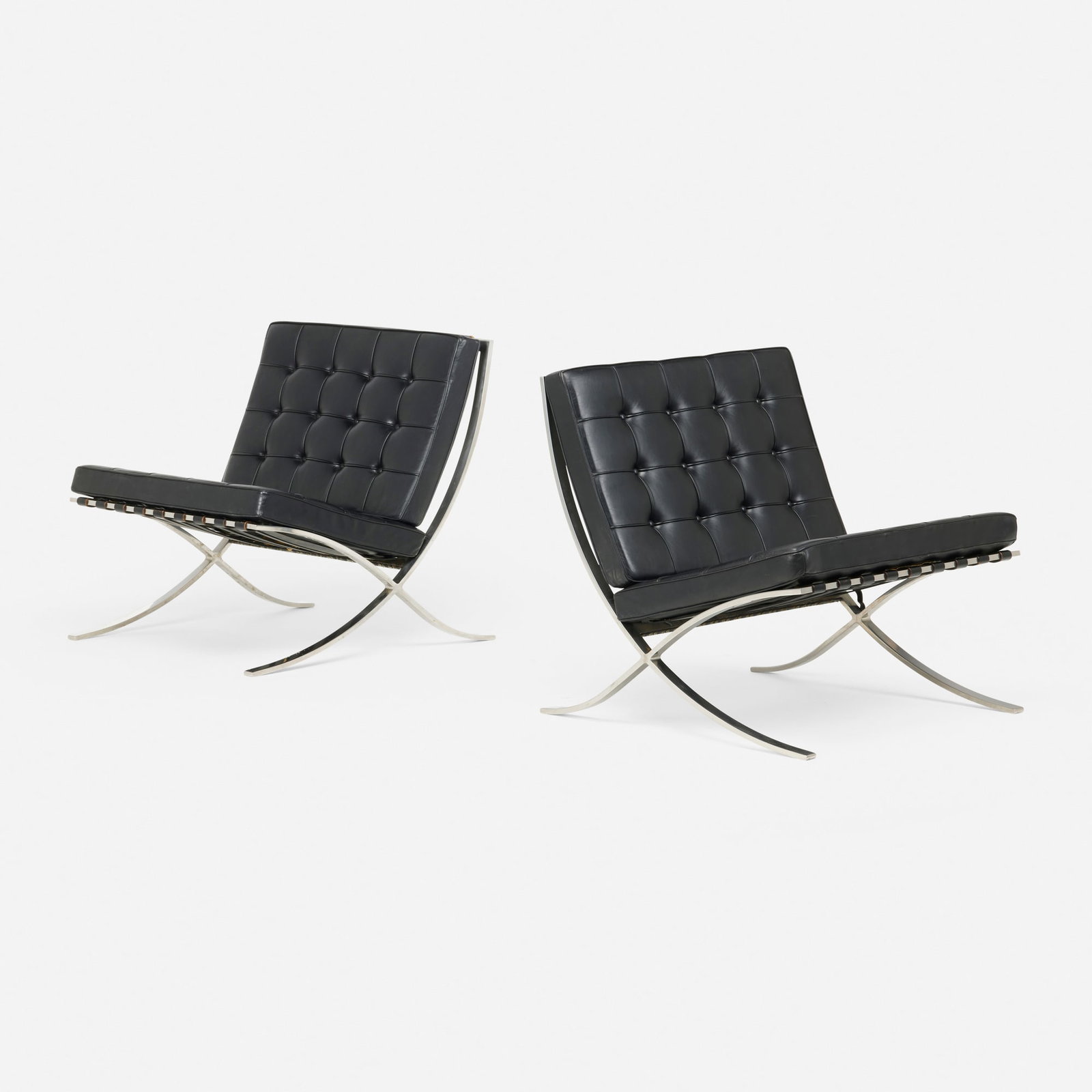 Ludwig Mies van der Rohe, Barcelona chairs, pair: Ludwig Mies van der Rohe Barcelona chairs, pair Knoll Associates Germany, 1929 / 1969 leather upholstery, stainless steel 30.25 h x 29.25 w x 30 d in (77 x 74 x 76 cm) Fabric distributor's label